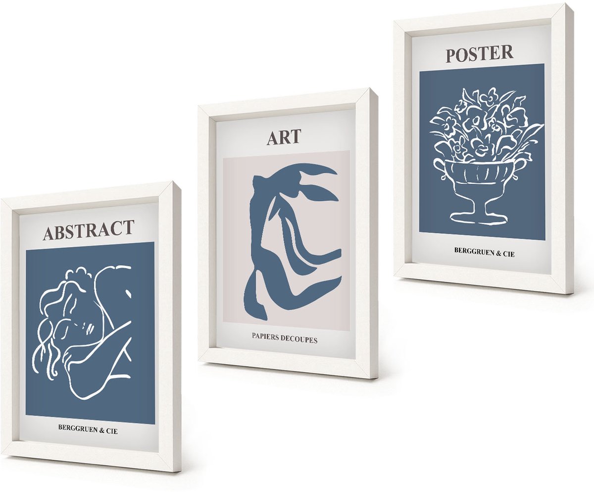 Coloray 3-Delige Schilderij Set - Stijlvolle abstracte patronen met figuren en bloemen van Matisse - 20x30 - Wanddecoratie - Schilderijen Set - Kantoor