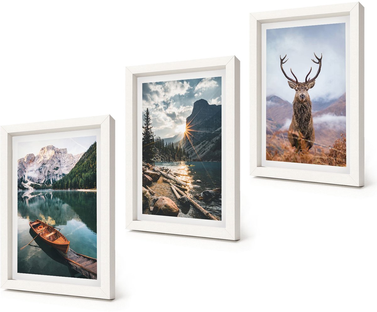 Coloray 3-Delige Schilderij Set - Bergmeer Lodz Zonsondergang Hert in de natuur - 20x30 - Moderne Wanddecoratie - Woonkamer - Woonkamer Decoratie