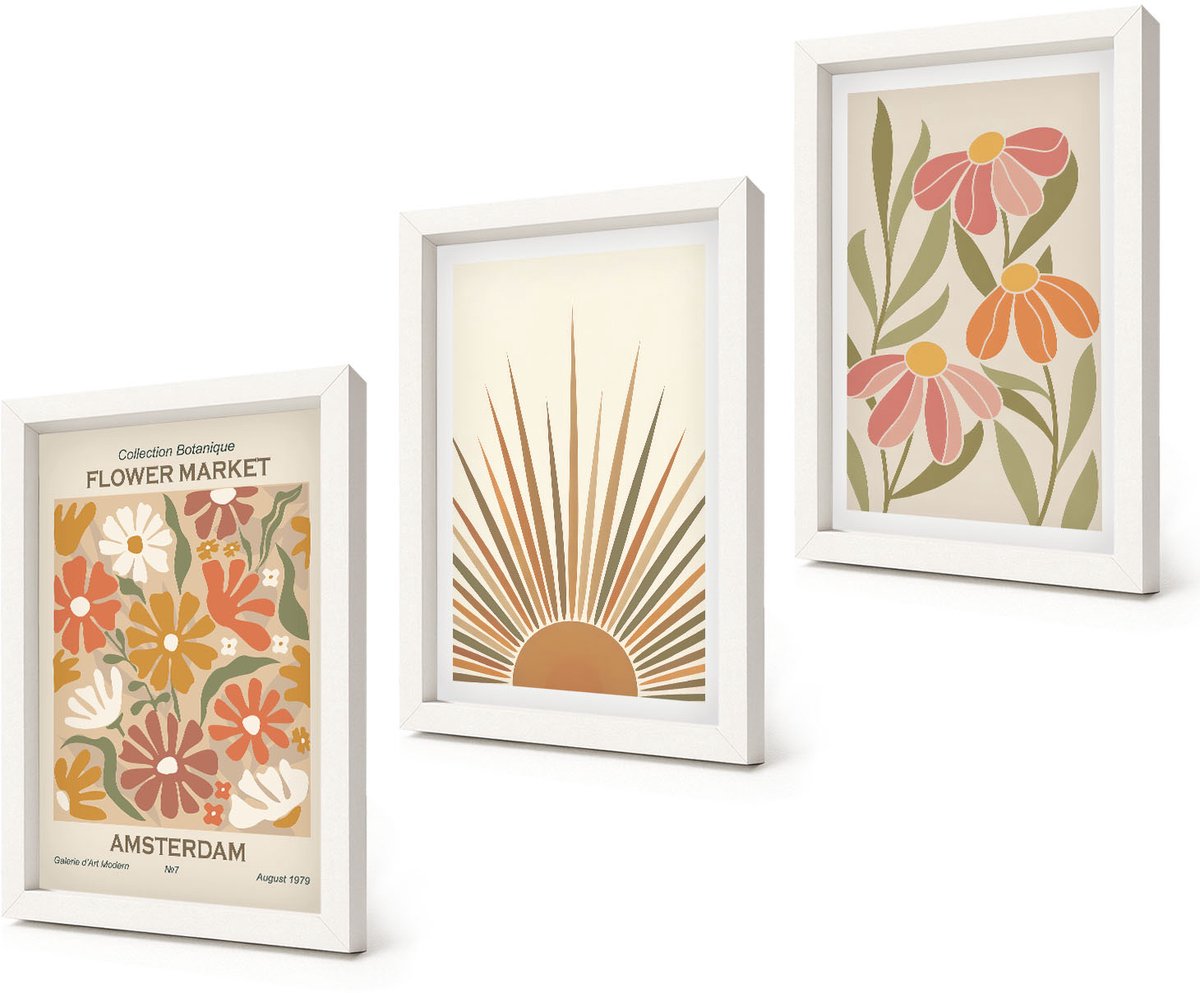 Coloray 3-Delige Schilderij Set - Bloemen in pastelkleuren met zonnestralen - 20x30 - Stijlvolle Muurdecoratie - Kantoor