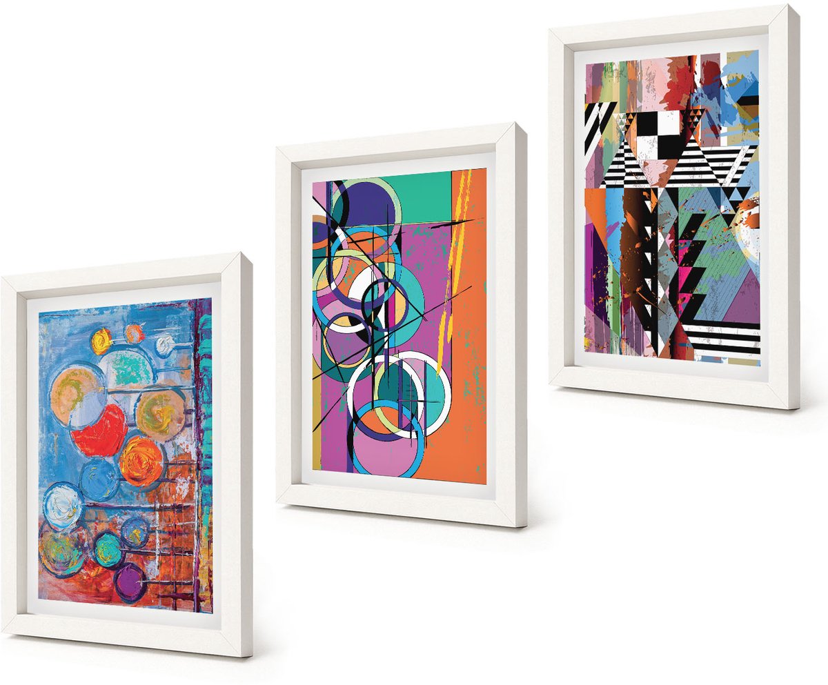 Coloray 3-Delige Schilderij Set - Kleurrijke abstracties met cirkels en geometrische patronen - 20x30 - Wanddecoratie - Moderne Interieurdecoratie - Moderne Wanddecoratie