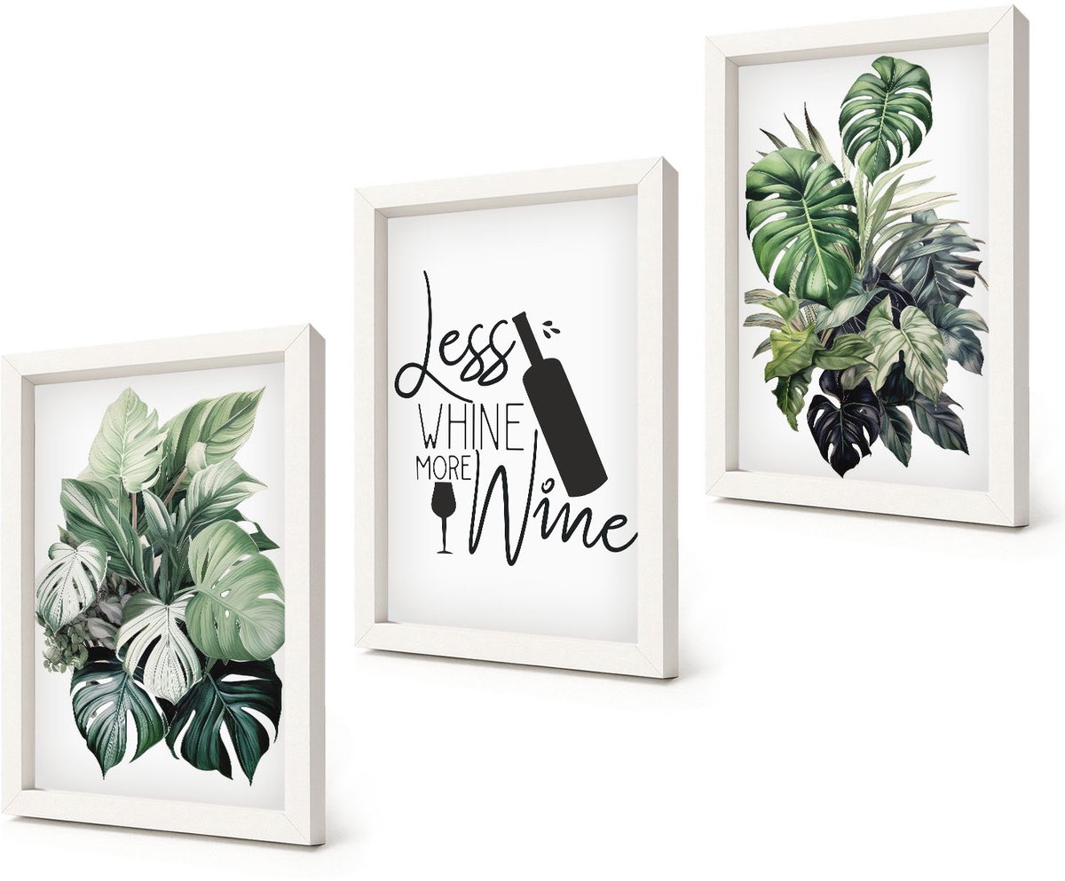 Coloray 3-Delige Schilderij Set - Groene plantenbladeren met het opschrift "wijn". - 20x30 - Decoratieve Schilderijen - Woonkamer - Interieur - Interieur Decoratie