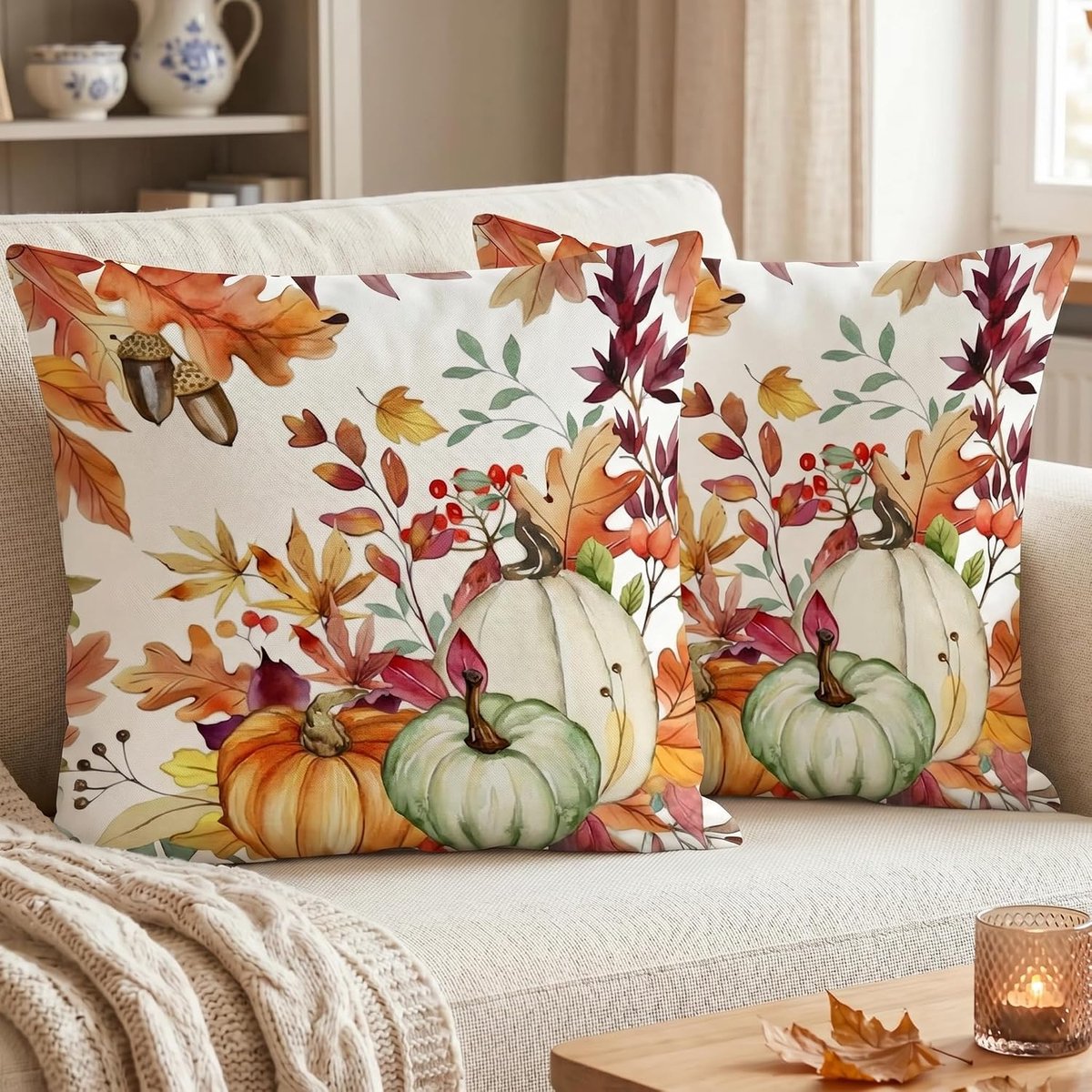Set van 2 kussenslopen, pompoenen, herfst, 45 x 45 cm, esdoornblad, fluweel, decoratieve kussens voor tuin, feesten - ShopVlot