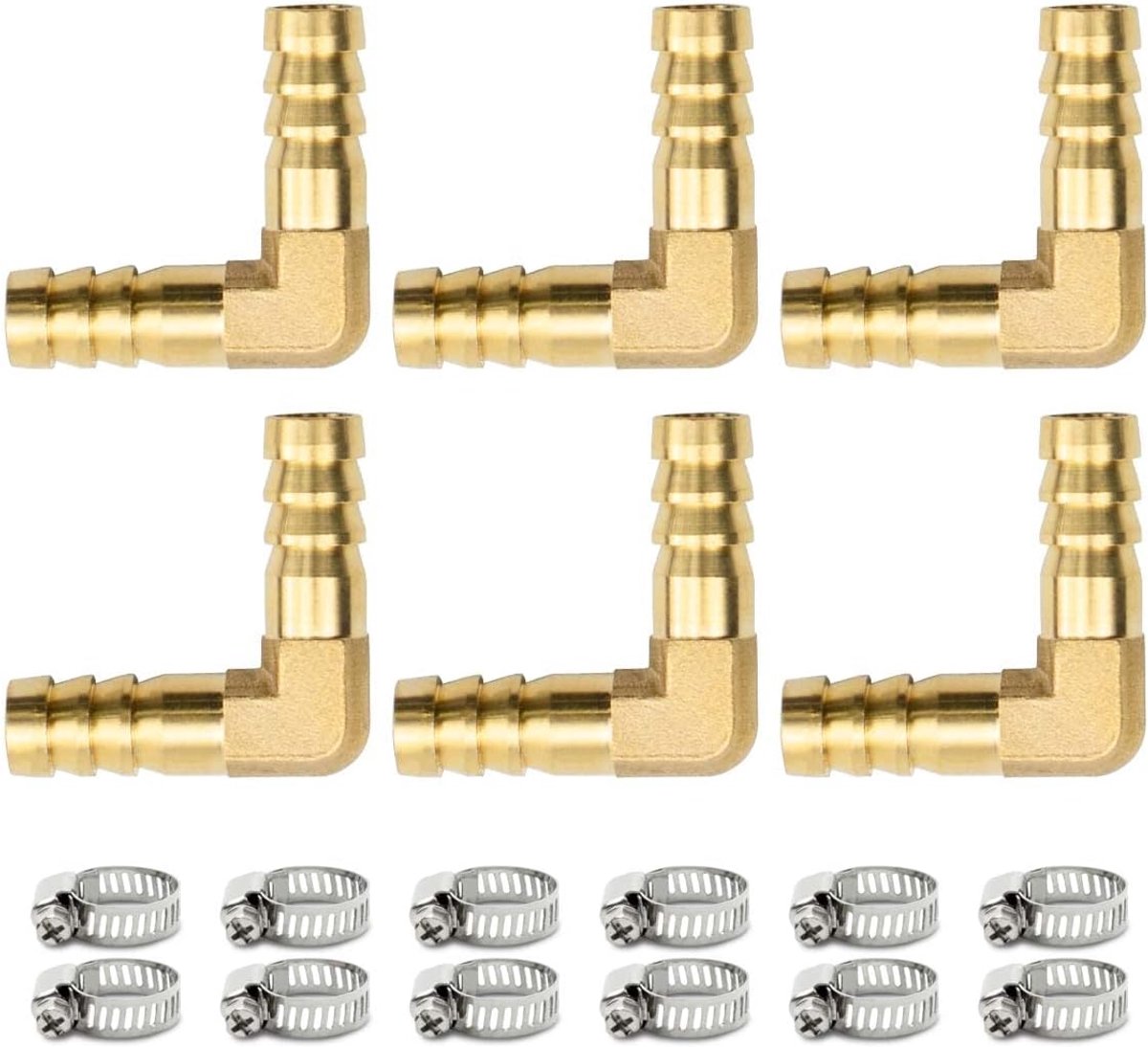 Bwintech 6 Piece Hose Pillar Fittings, 14mm 2 Way Elbow Brass Barb Connector with 12-Clamps - ShopVlot