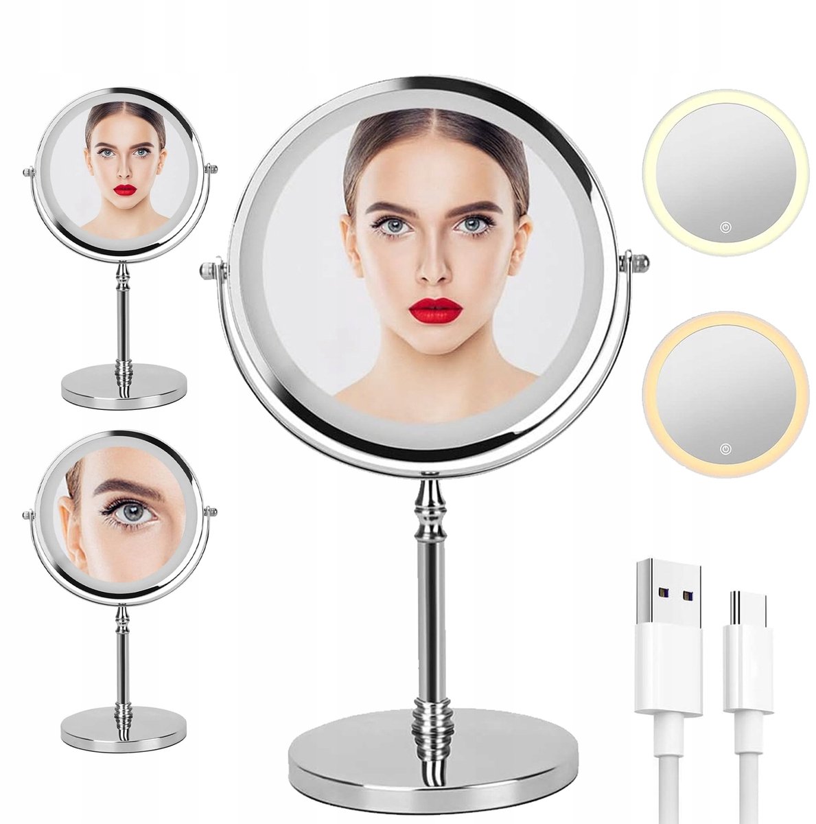 Make Up Spiegel met LED Verlichting - 1X/5X Vergroting - Vergrootspiegel met Licht - Scheerspiegel - Badkamerspiegel - 3 Kleurtemperaturen - Touch Dimfunctie - 360° Draaibaar - Oplaadbaar - Voor Slaapkamer & Badkamer