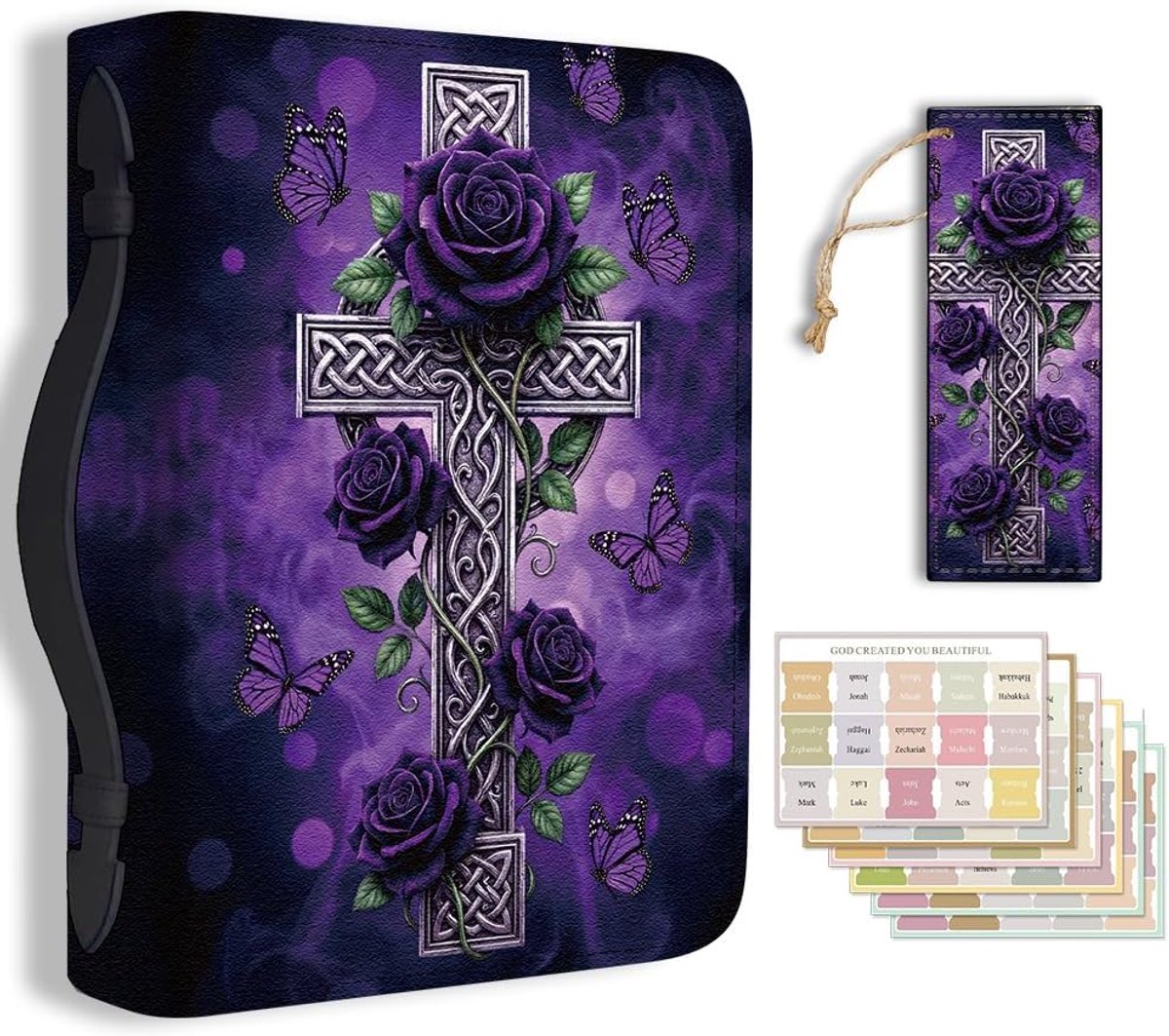 Bijbeltas, paars, roos, kruis, PU-leer, bijbelhoes met bladwijzer, boeket voor 20 x 28 x 6 cm, draagtas voor vrouwen - ShopVlot