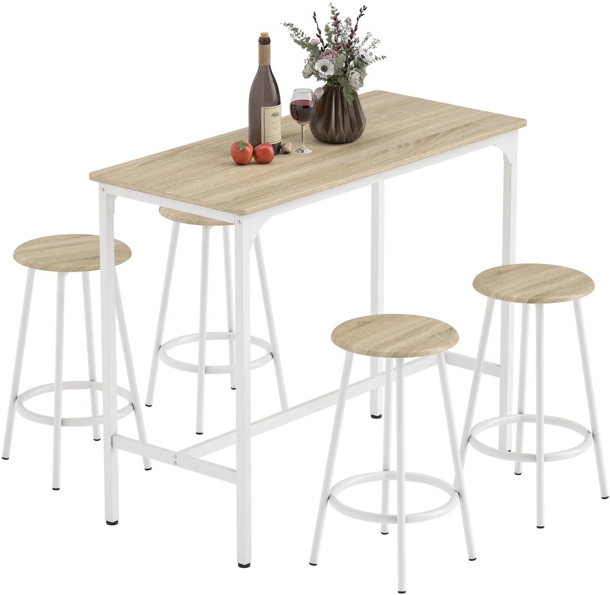 RosaBloom Barset - Bartafel met krukken - Eethoek - Stevig metalen frame - Tafel 110 x 50 x 89.5 cm - MDF en Metaal - Wit en Hout