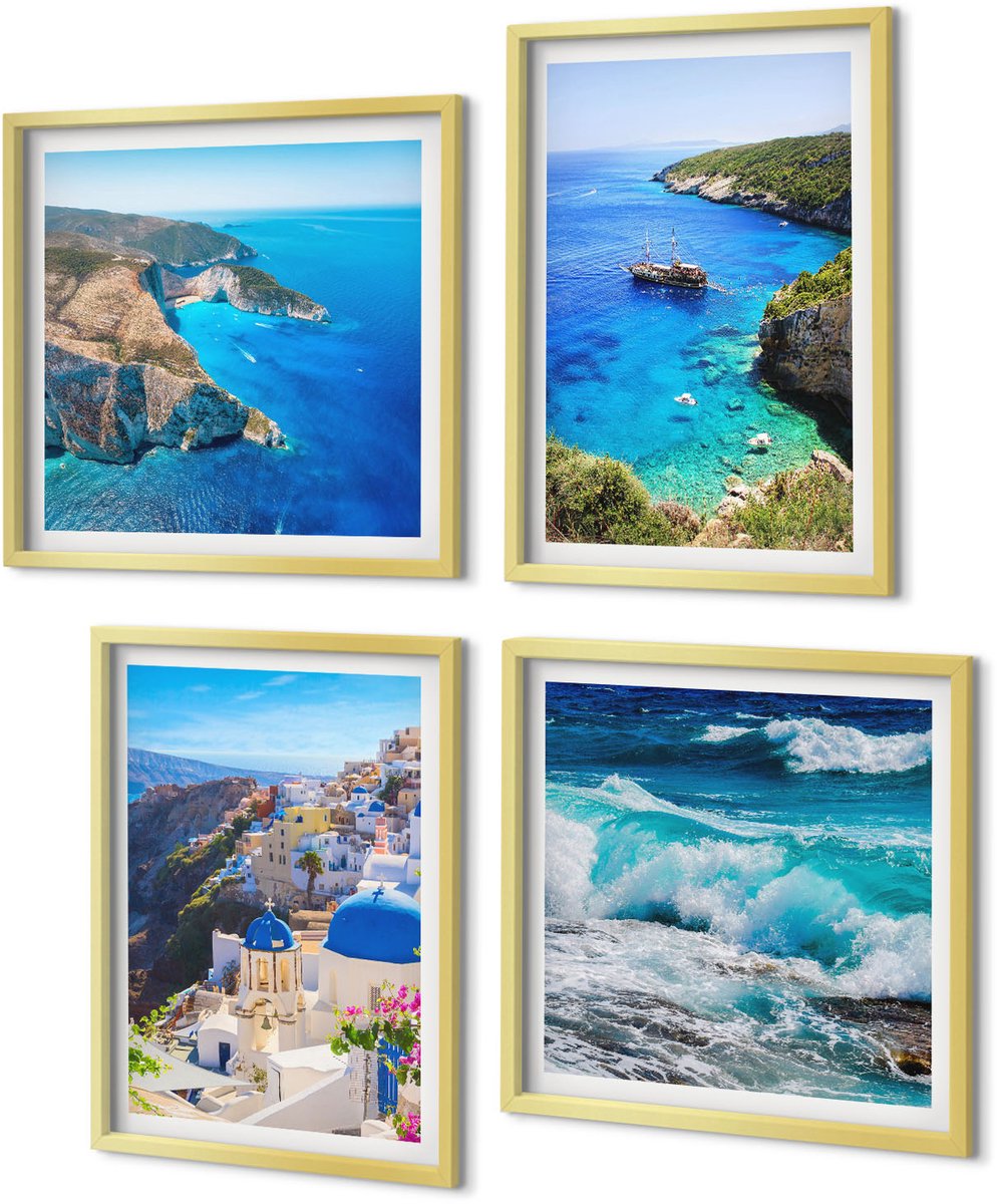 Coloray 4-Delige Schilderij Set - Uitzicht op de Griekse kust en het stadje Oia op Santorini - 40 x 40 cm en 40 x 60 cm - Decoratieve Muurdecoratie - Slaapkamer - Interieur Decoratie