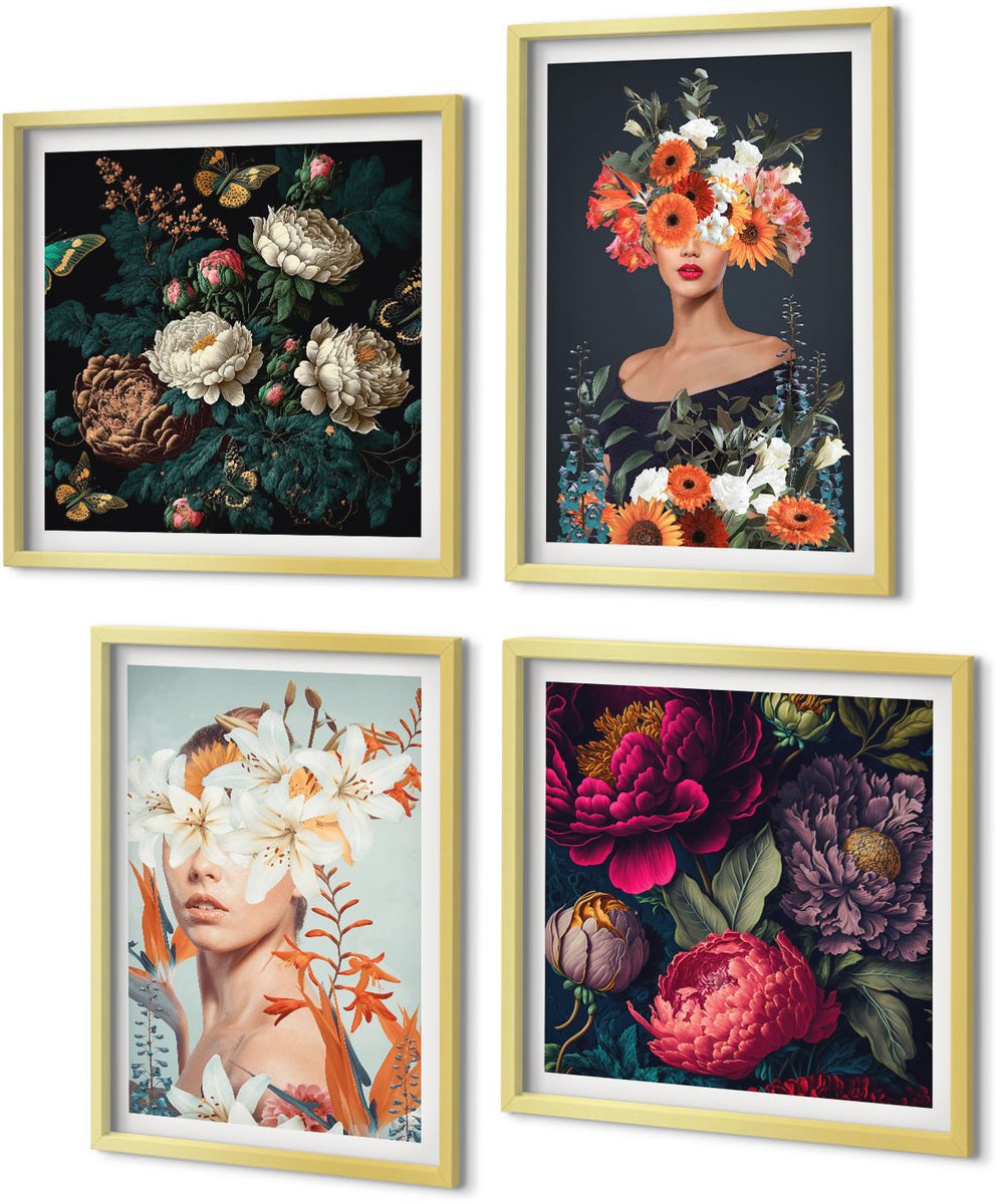 Coloray 4-Delige Schilderij Set - Bloemenportretten met kleurrijke boeketten en bladeren - 40 x 40 cm en 40 x 60 cm - Wanddecoratie - Muurdecoratie - Woonkamer