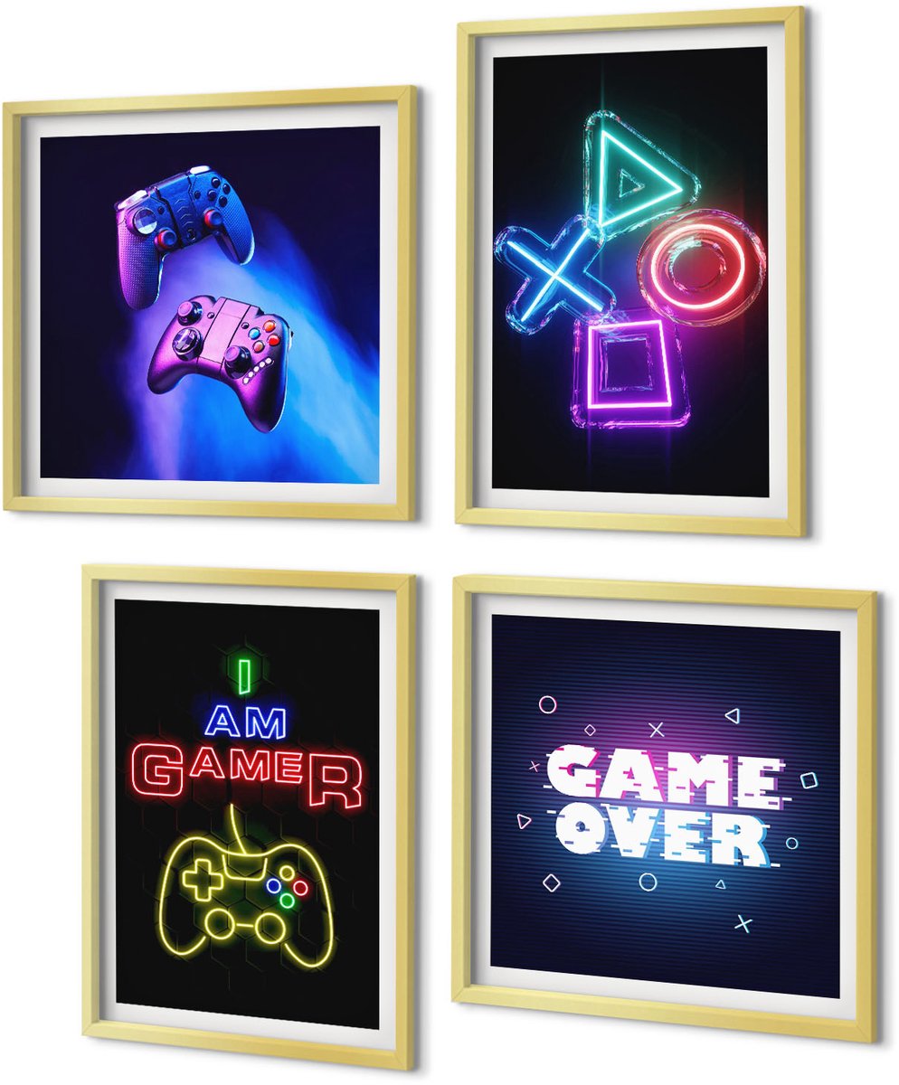 Coloray 4-Delige Schilderij Set - Gamepads Spelersinscripties Pictogrammen - 40 x 40 cm en 40 x 60 cm - Muurdecoratie - Schilderijen Set - Woonkamer