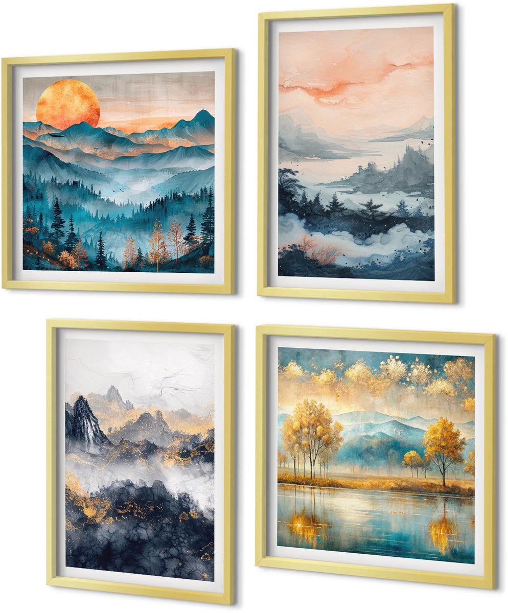 Coloray 4-Delige Schilderij Set - Abstracte, geschilderde natuurgezichten - 40 x 40 cm en 40 x 60 cm - Stijlvolle Muurdecoratie - Kantoor - Decoratieve Schilderijen
