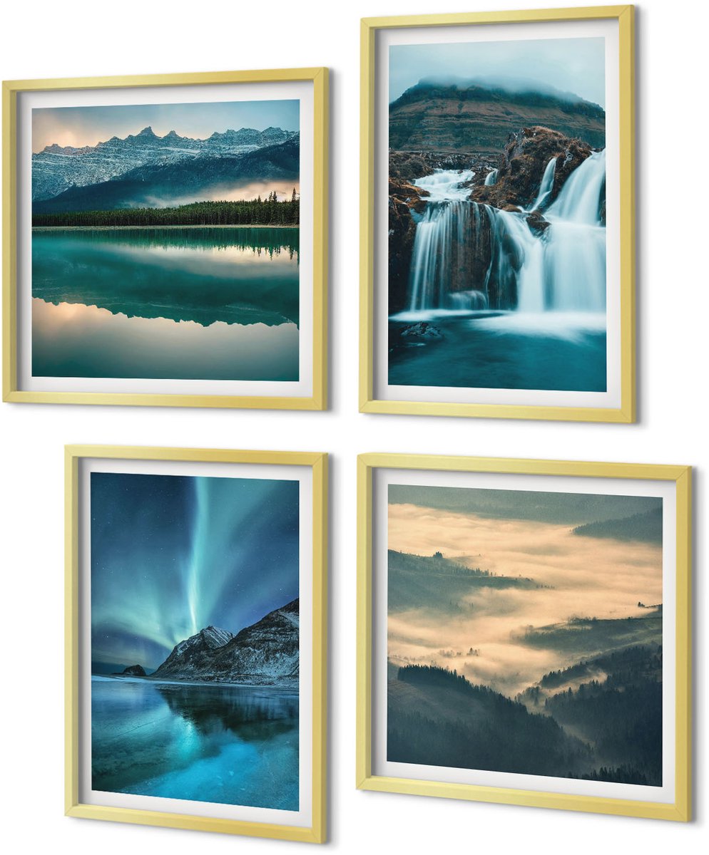 Coloray 4-Delige Schilderij Set - Winterlandschappen met watervallen en het noorderlicht - 40 x 40 cm en 40 x 60 cm - Wanddecoratie - Schilderijen Set - Kantoor - Woonkamer Decoratie