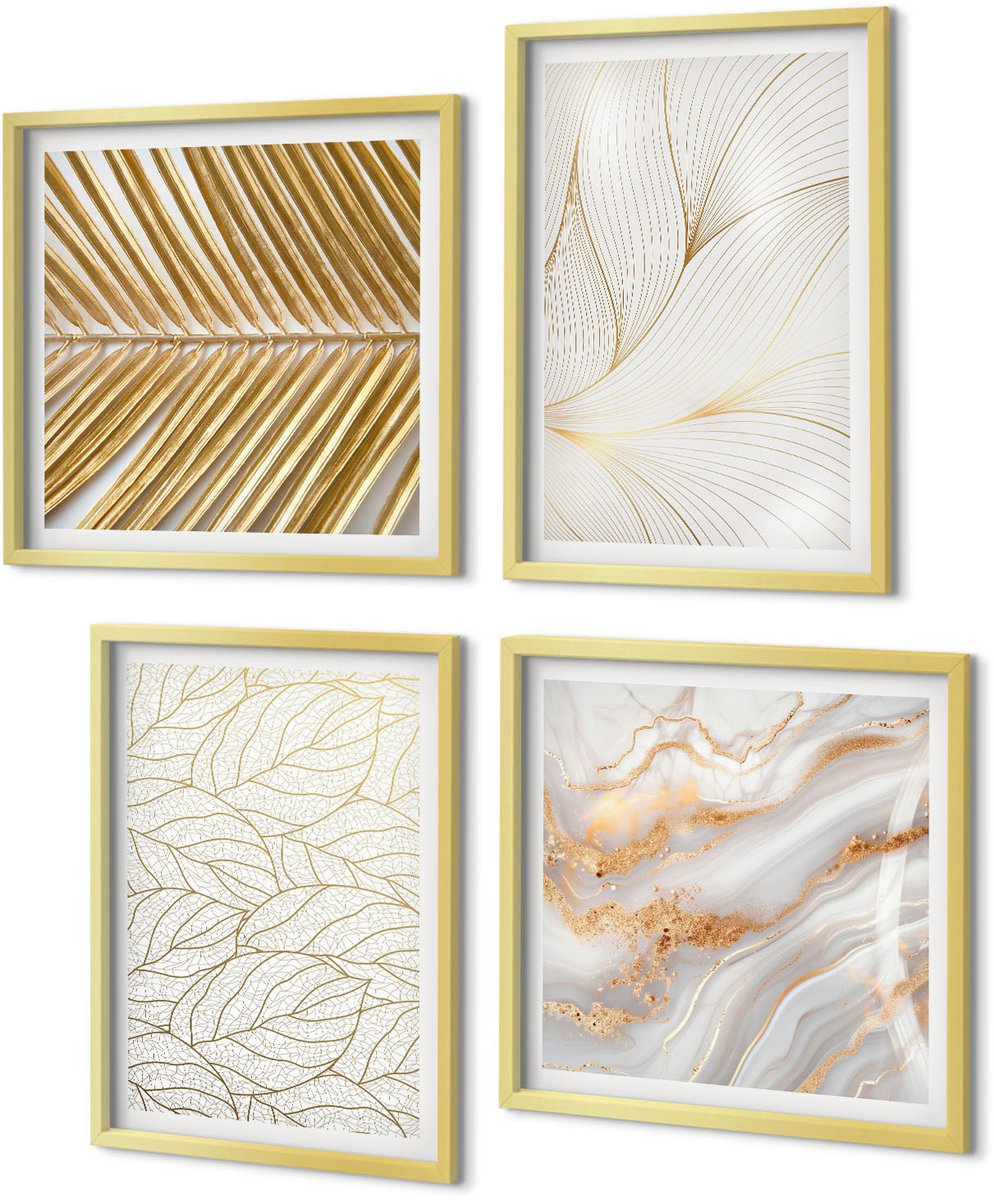 Coloray 4-Delige Schilderij Set - Lineaire bladpatronen Abstract marmer - 40 x 40 cm en 40 x 60 cm - Moderne Wanddecoratie - Woonkamer - Interieur Decoratie