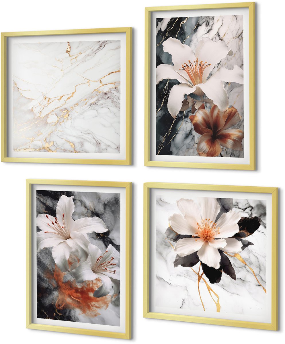 Coloray 4-Delige Schilderij Set - Bloemen op een marmeren achtergrond in wit- en zwarttinten. - 40 x 40 cm en 40 x 60 cm - Stijlvolle Muurdecoratie - Slaapkamer