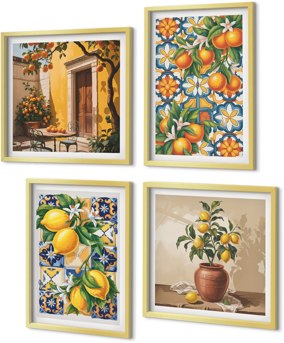 Coloray 4-Delige Schilderij Set - Citroen- en sinaasappelbloemen in kleurrijke patronen - 40 x 40 cm en 40 x 60 cm - Muurdecoratie - Schilderijen Set - Woonkamer - Stijlvolle Muurdecoratie