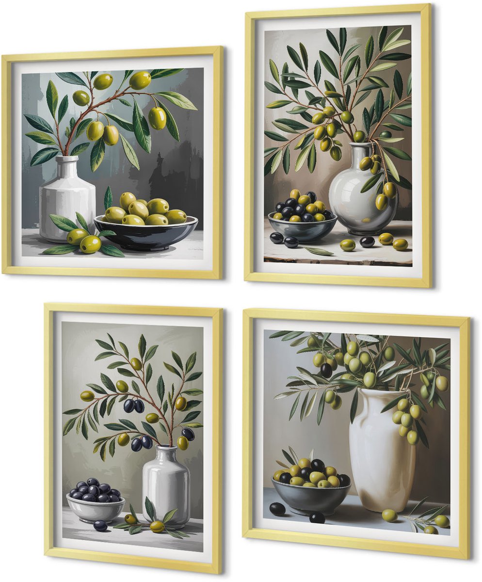 Coloray 4-Delige Schilderij Set - Olijven in keramische schalen op een grijze achtergrond - 40 x 40 cm en 40 x 60 cm - Wanddecoratie - Moderne Interieurdecoratie - Decoratieve Schilderijen