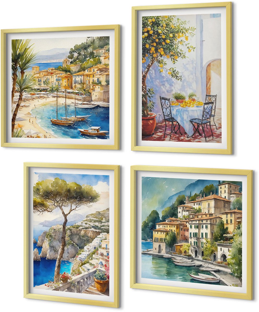 Coloray 4-Delige Schilderij Set - Italiaanse kustplaatsen in aquarelstijl - 40 x 40 cm en 40 x 60 cm - Wanddecoratie - Muurdecoratie - Moderne Interieurdecoratie - Decoratieve Schilderijen