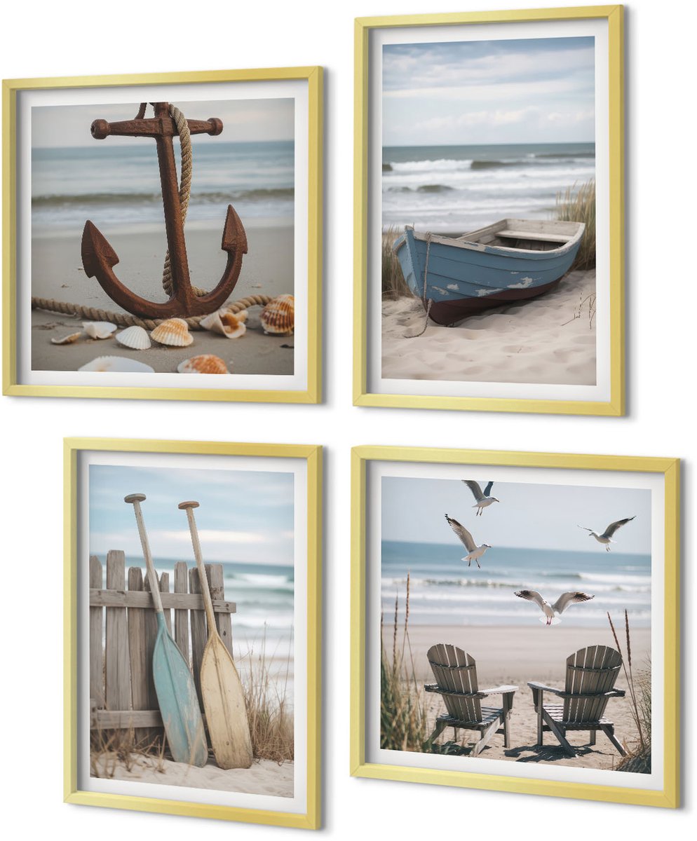 Coloray 4-Delige Schilderij Set - Zomerse strandgezichten en zeegezichten - 40 x 40 cm en 40 x 60 cm - Decoratieve Schilderijen - Wanddecoratie - Hal - Moderne Wanddecoratie