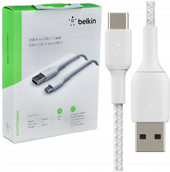 Belkin Braided USB-C naar USB kabel - 3m - wit, getoond met de verpakking.