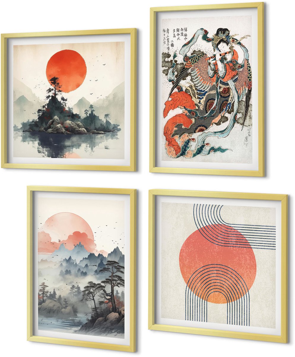Coloray 4-Delige Schilderij Set - Aziatische schilderijen: landschappen en portretten in de Japandi-stijl. - 40 x 40 cm en 40 x 60 cm - Stijlvolle Wanddecoratie - Interieur - Moderne Wanddecoratie