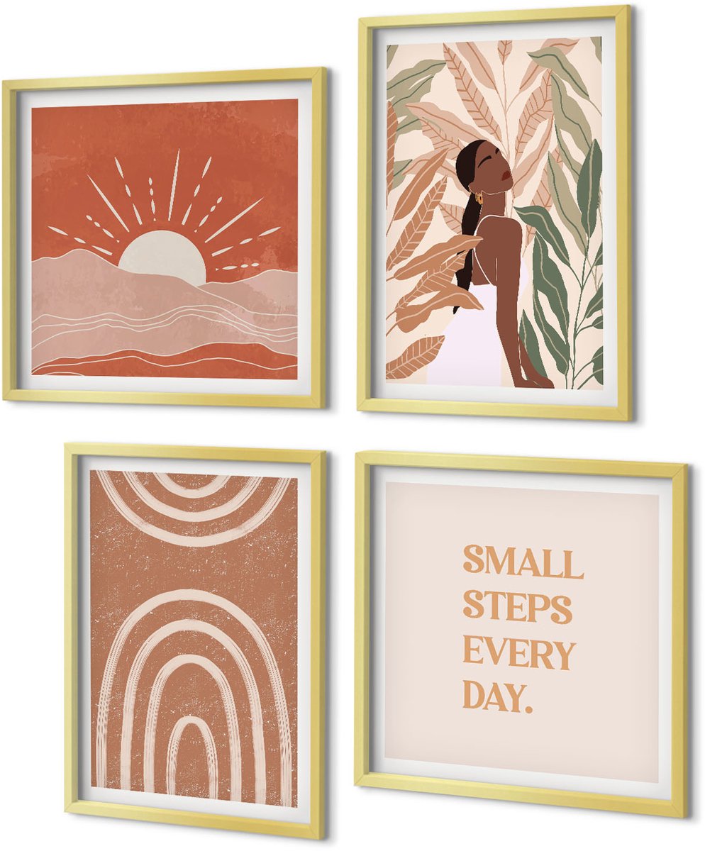 Coloray 4-Delige Schilderij Set - Boho abstracte vormen en illustraties - 40 x 40 cm en 40 x 60 cm - Wanddecoratie - Schilderijen Set - Interieur