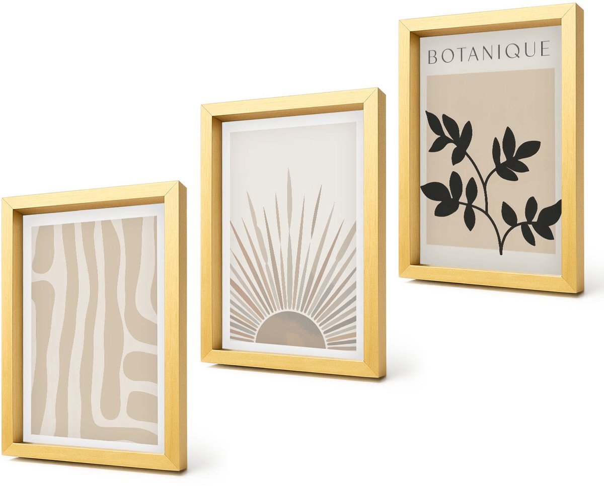 Coloray 4-Delige Schilderij Set - Abstracte patronen met plantenaccenten in neutrale tinten. - 20 x 30 cm - Wanddecoratie - Moderne Interieurdecoratie - Stijlvolle Muurdecoratie