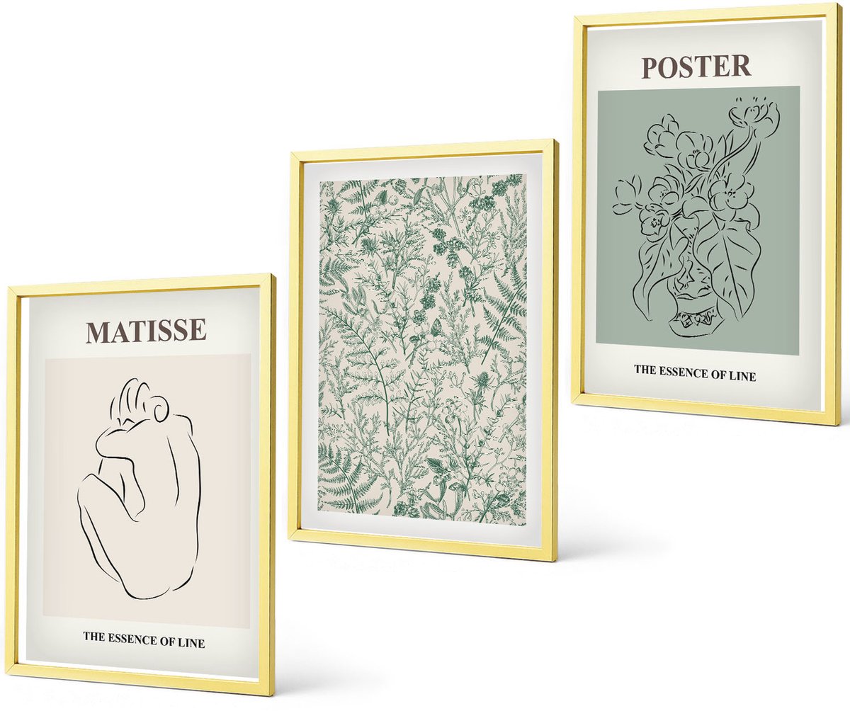 Coloray 3-Delige Schilderij Set - Lijnen En Plantmotieven In Een Minimalistische Stijl. - 40 x 40 cm En 40 x 60 cm - Muurdecoratie - Interieur Decoratie - Wanddecoratie