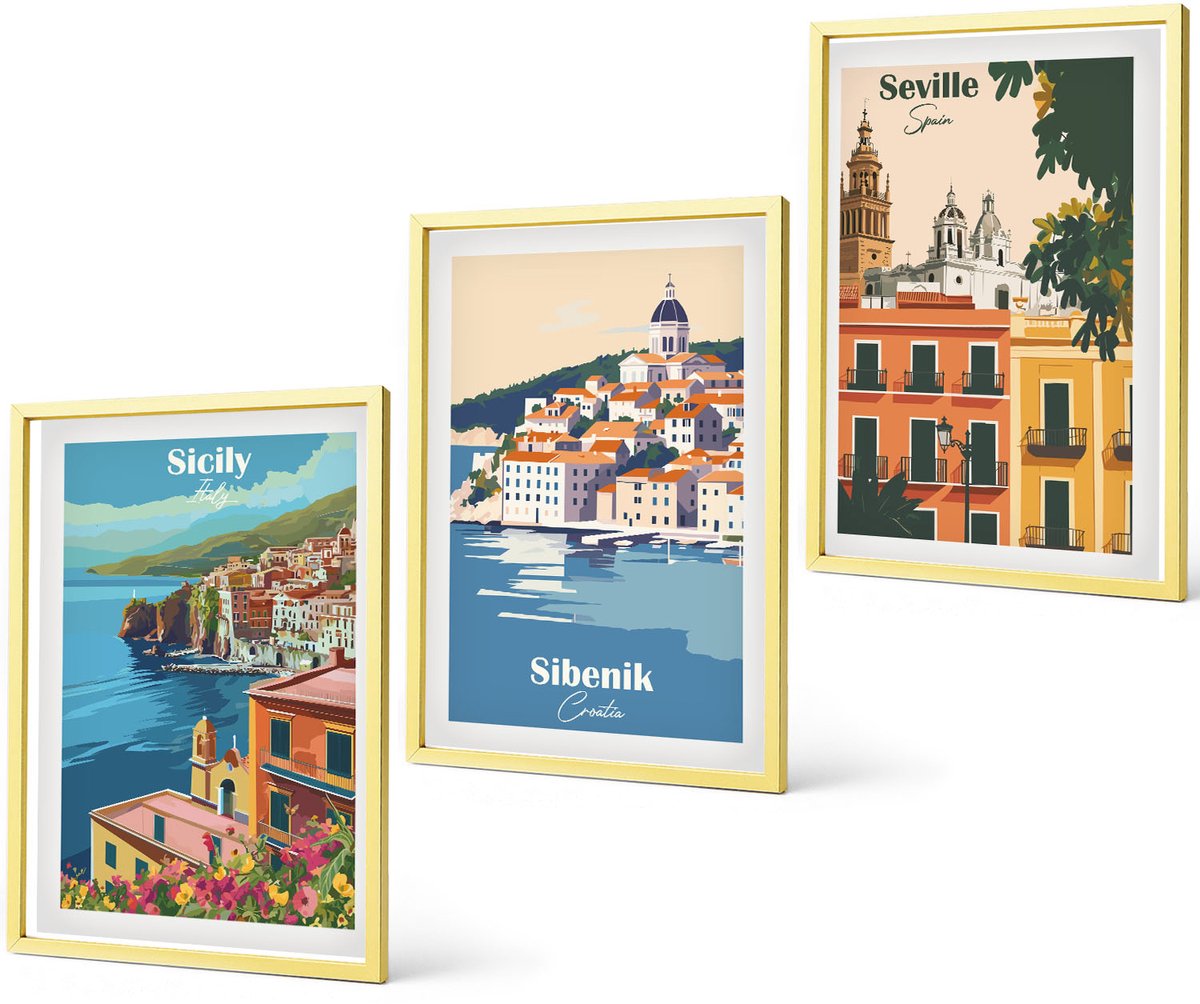 Coloray 3-Delige Schilderij Set - Fruitpatronen En Elementen Van De Italiaanse Cultuur - 40 x 40 cm En 40 x 60 cm - Moderne Wanddecoratie - Woonkamer - Stijlvolle Muurdecoratie