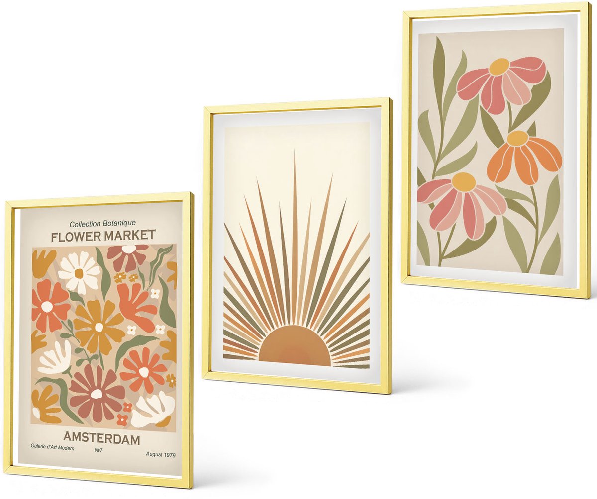 Coloray 3-Delige Schilderij Set - Bloemen In Pastelkleuren Met Zonnestralen - 40 x 40 cm En 40 x 60 cm - Stijlvolle Muurdecoratie - Kantoor - Wanddecoratie