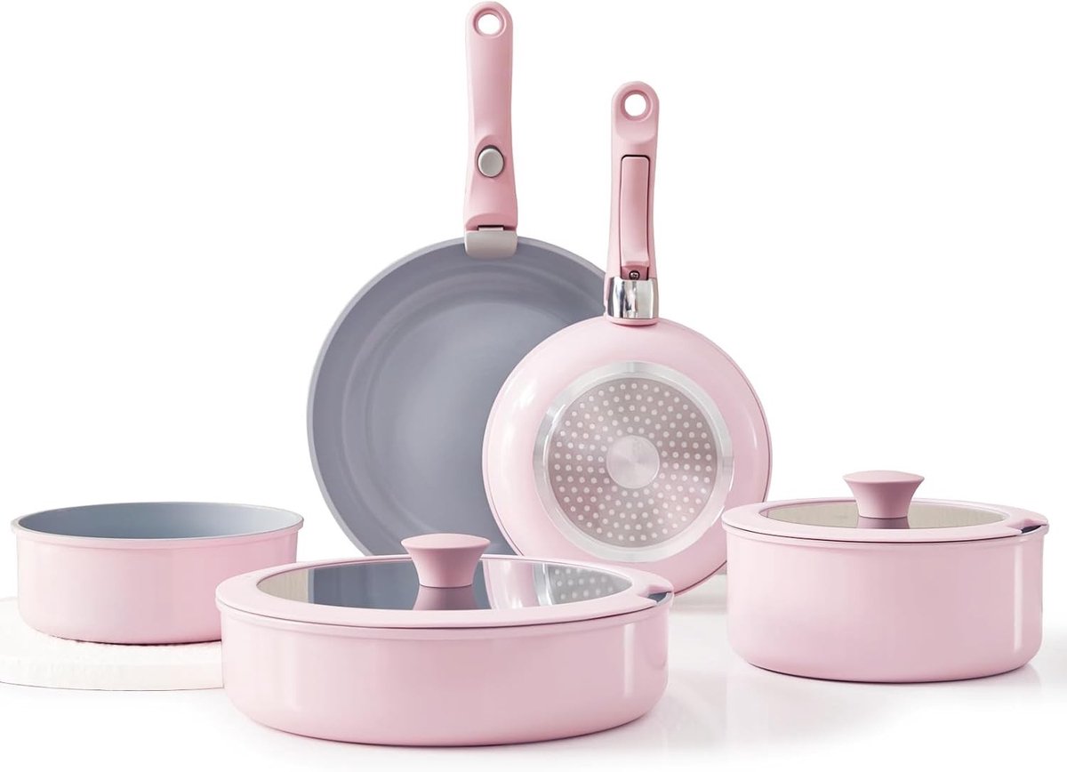 Kookgerei Set - Roze - 9-delig - Keramische Antiaanbaklaag met Afneembare Handgreep - Voor Gezond Koken