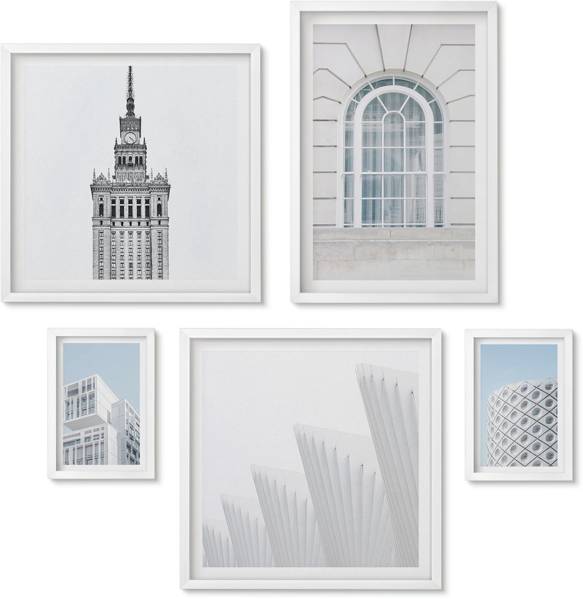 Wallfluent 5-Delige Schilderij Set - Moderne Architectuur: Minimalistische Vormen En Lijnen - 50 x 50 cm, 20 x 30 cm En 40 x 60 cm - Moderne Wanddecoratie - Woonkamer - Decoratieve Schilderijen