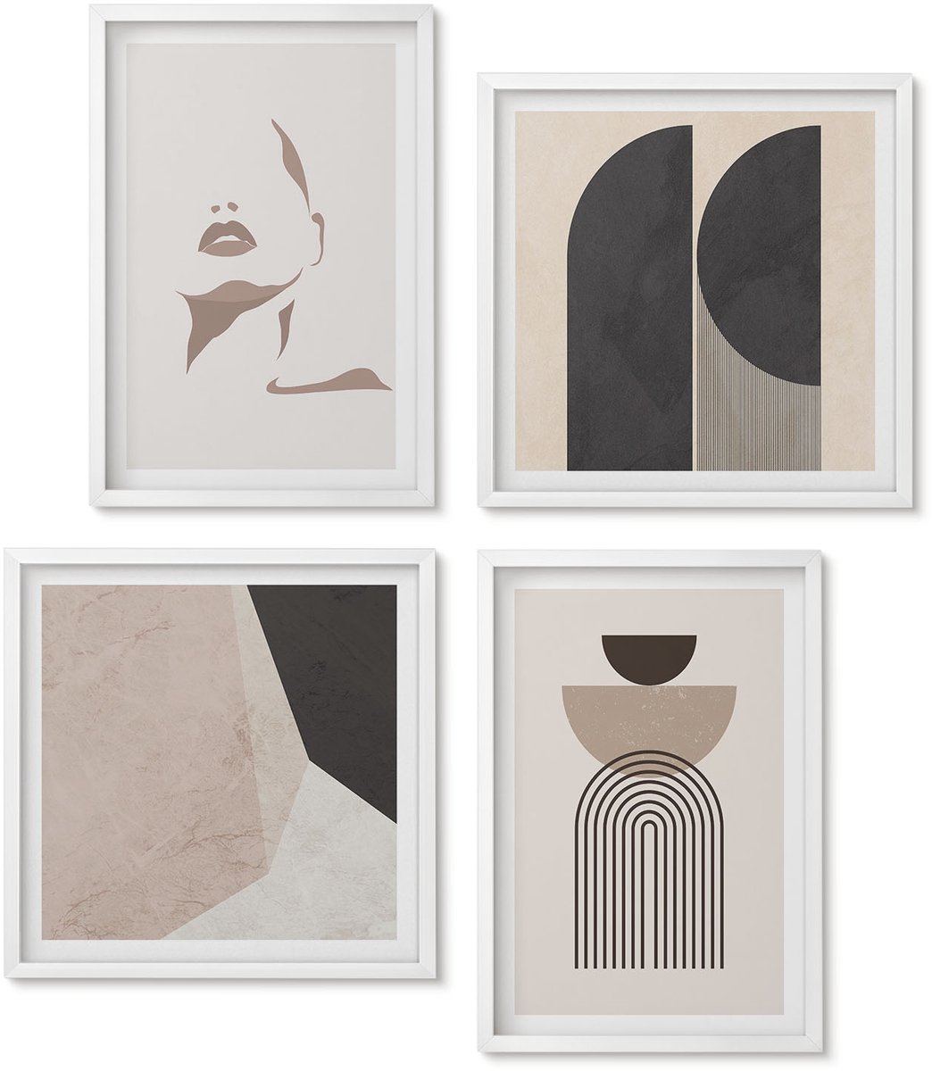 Wallfluent 4-Delige Schilderij Set - Abstracte Patronen In Tinten Wit En Bruin. - 40 x 40 En 40 x 60 - Decoratieve Muurdecoratie - Slaapkamer