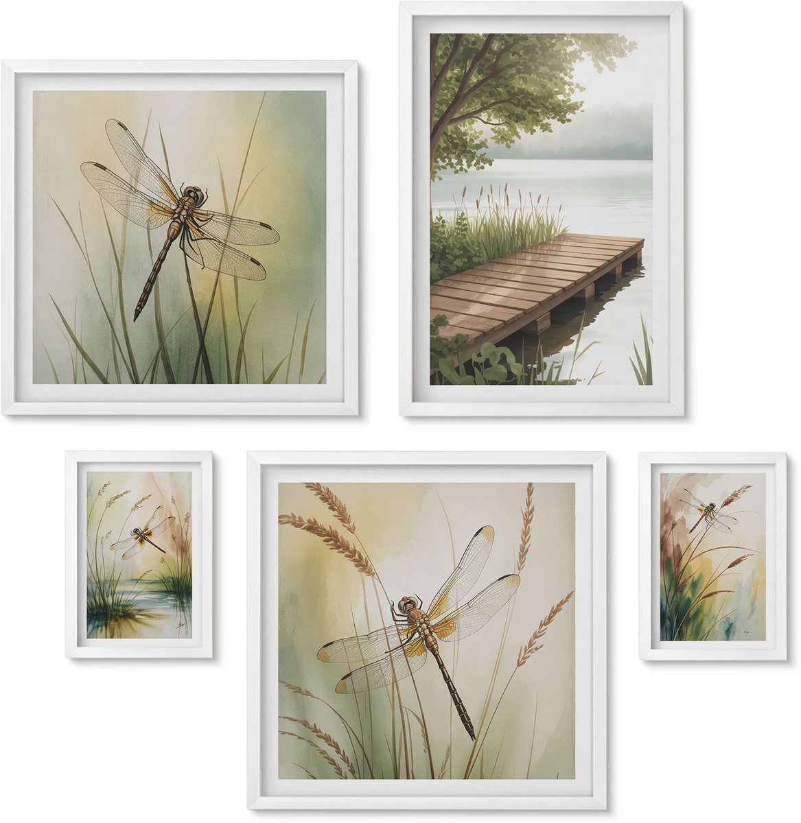Wallfluent 5-Delige Schilderij Set - Vredige Landschappen Met Libellen Op Het Water En De Oever. - 50 x 50 cm, 20 x 30 cm En 40 x 60 cm - Wanddecoratie - Schilderijen Set - Interieur - Muurdecoratie