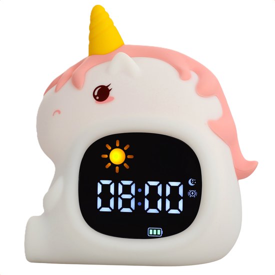 Een witte unicorn wekker met roze accenten, een gele hoorn en een digitaal scherm dat 08:00 toont.