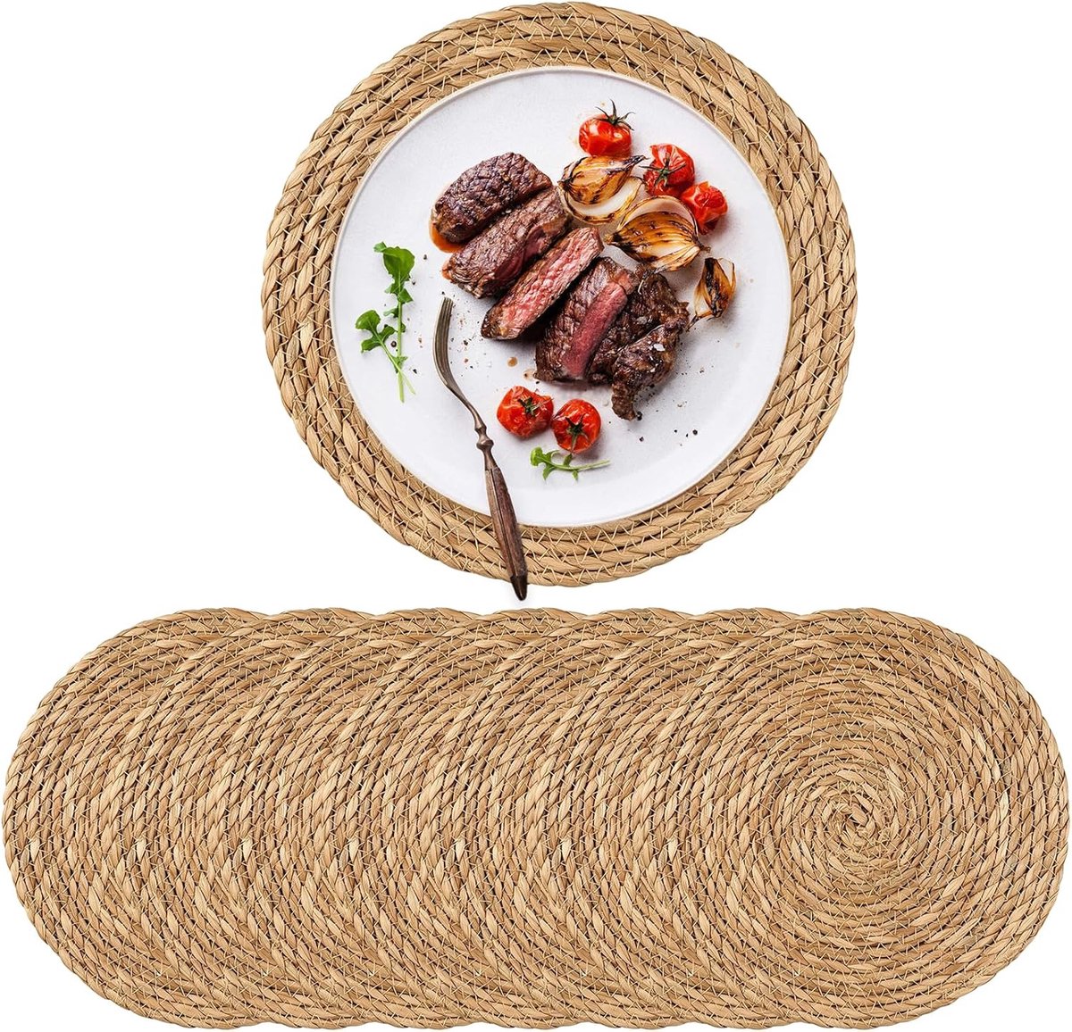 Set van 8 ronde gevlochten placemats van waterhyacint, 30 cm, hittebestendig, wasbaar, antislip, handgemaakte boho placemats voor eettafel