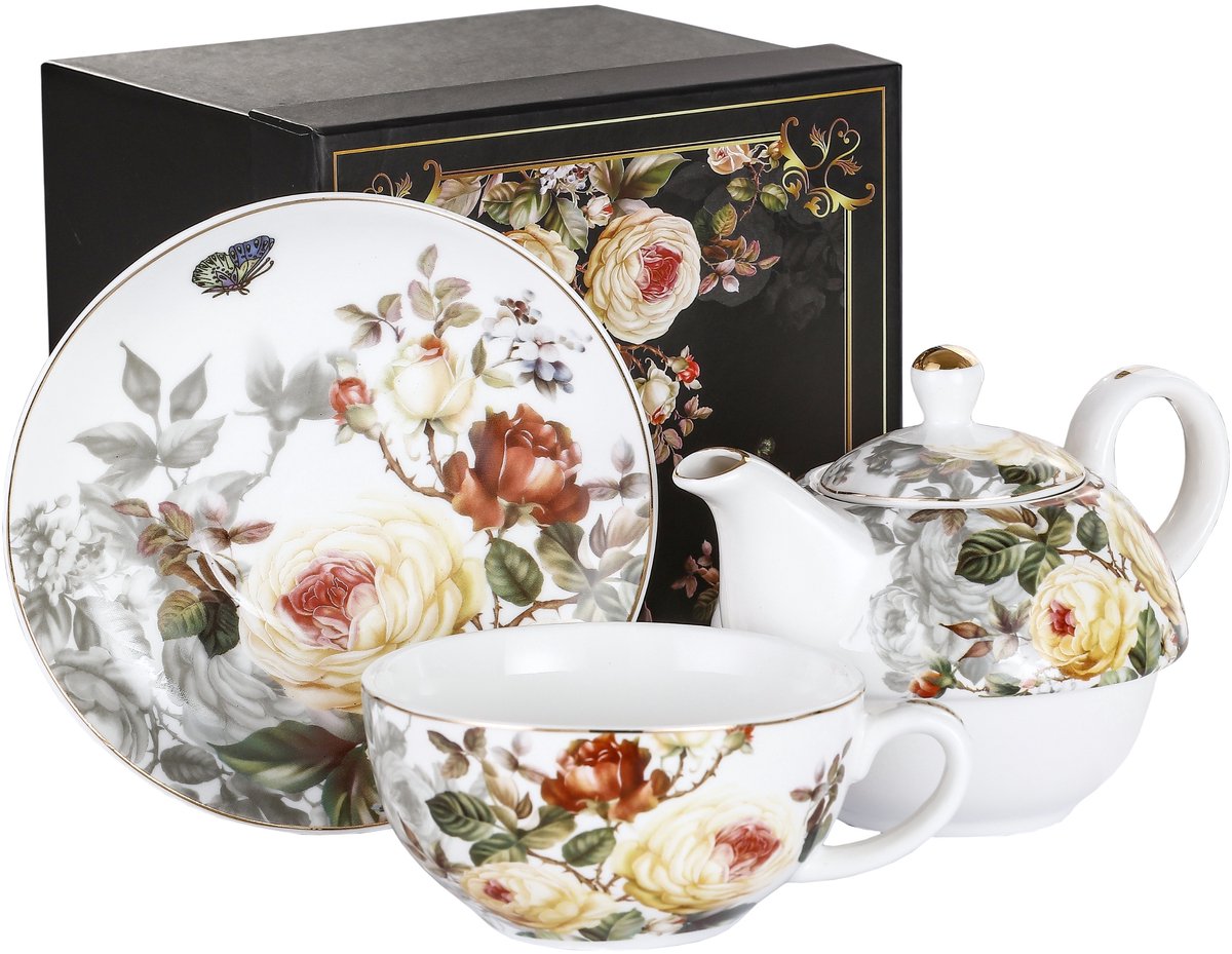 Porseleinen 'Tea for One' set met bloemenmotief - 450ml kan, 250ml kop