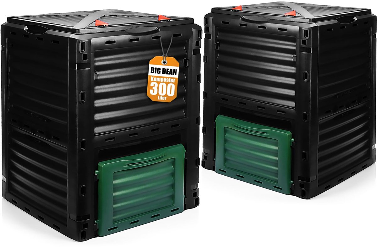 Famanu – Set van 2 compostbakken voor de tuin van 300 liter, snelcompostbakken van weerbestendig kunststof, ideaal voor het maken van compost