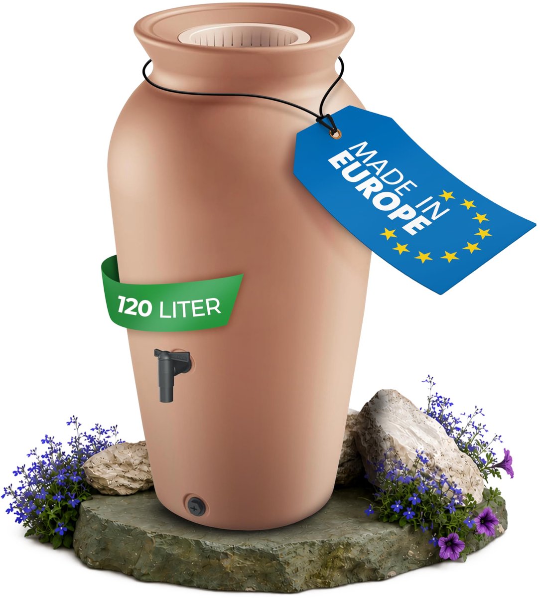 Famanu – Regenton met een inhoud van 120-230 liter, inclusief filtermand en kraan, vorstbestendig kunststof, ideaal voor tuin en regenwateropvang, terracotta kleur