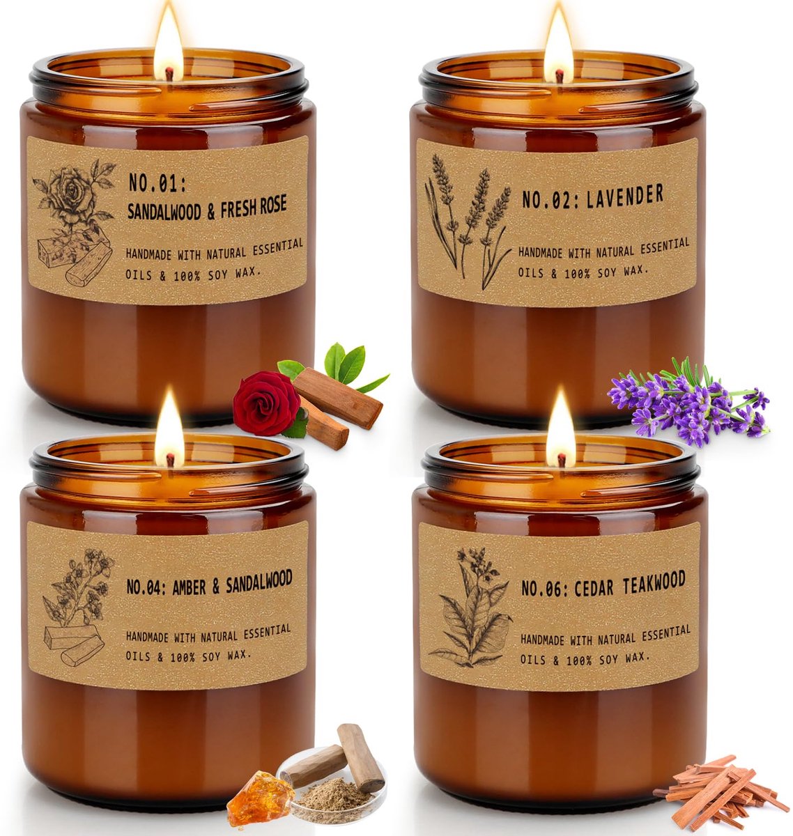 Famanu – Geurkaarsen cadeauset voor dames, set van 4 kaarsen van 200 g, gemaakt van sojawas, in glas