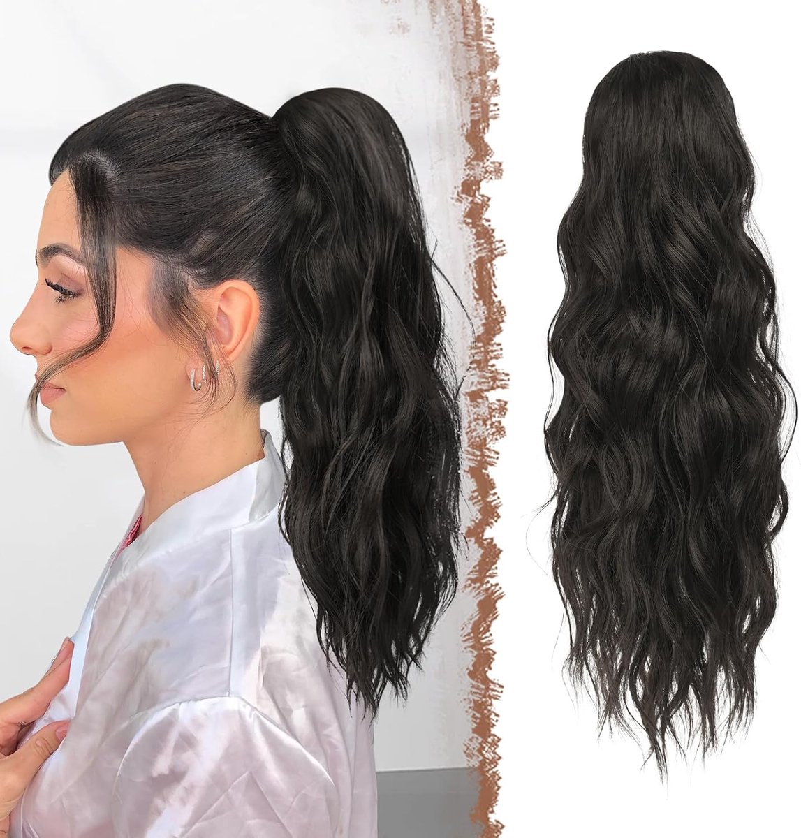 FESHFEN Wavy Ponytail Extensions 45cm Long Hair Ponytail Extensions with Cord Natural Black Hair Extensions Synthetic - ShopVlot