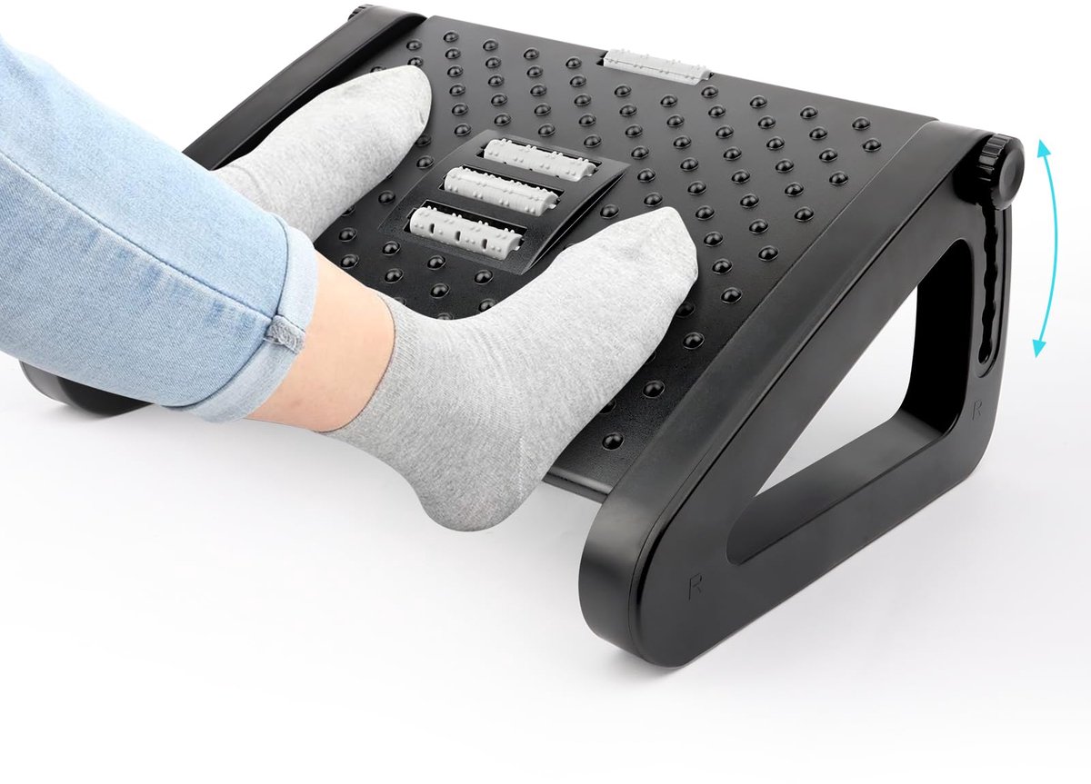 Famanu – Verstelbare voetenbank voor bureau, 6 hoogtes, antislip voetensteun met massagefunctie voor kantoor en thuis