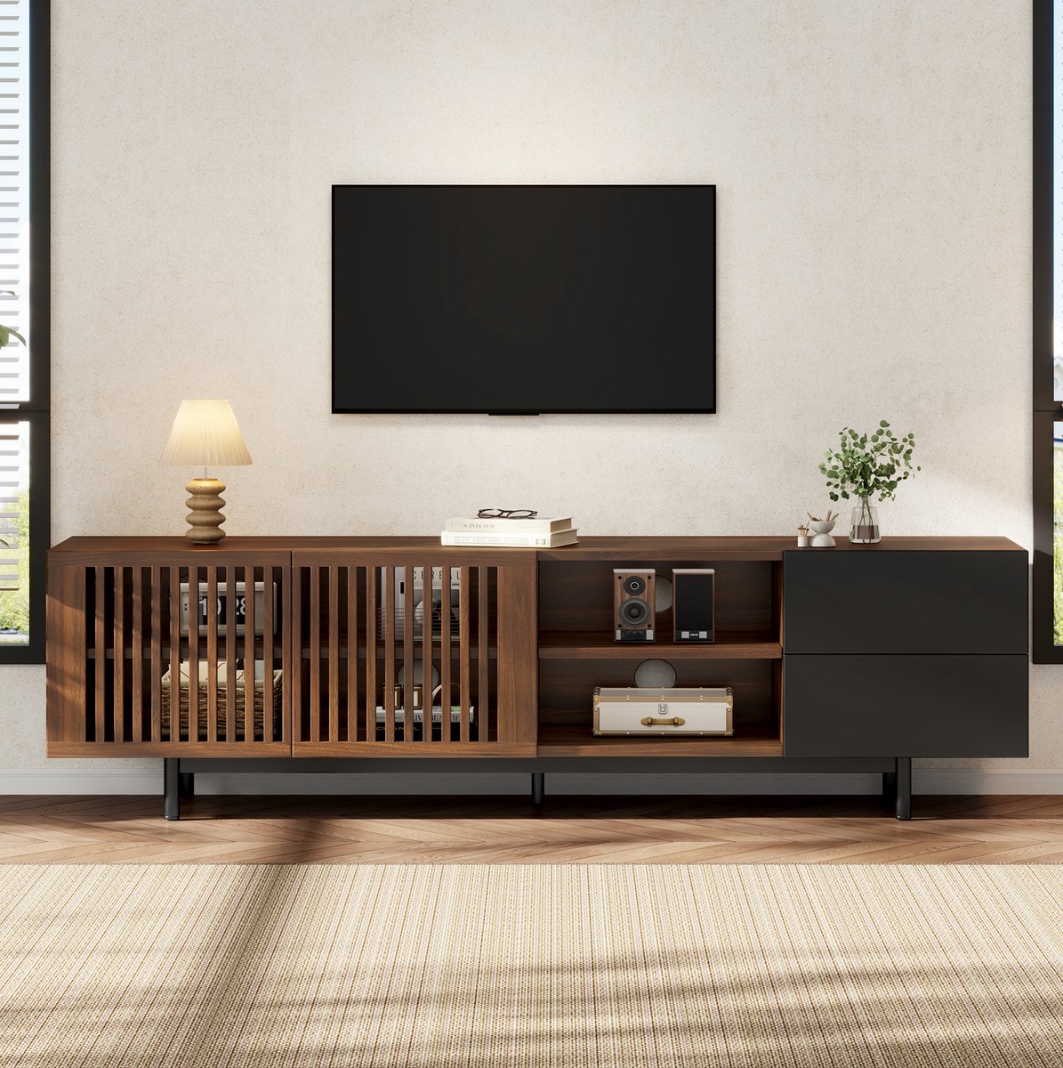 MIVRAY TV Meubel - Walnoot Zwart Design Met Lamellendeuren, 2 Lades En Open Vakken - Voor Woonkamer En Grote Televisies - MDF - 160 Cm Zwart en natuurlijk houtkleur