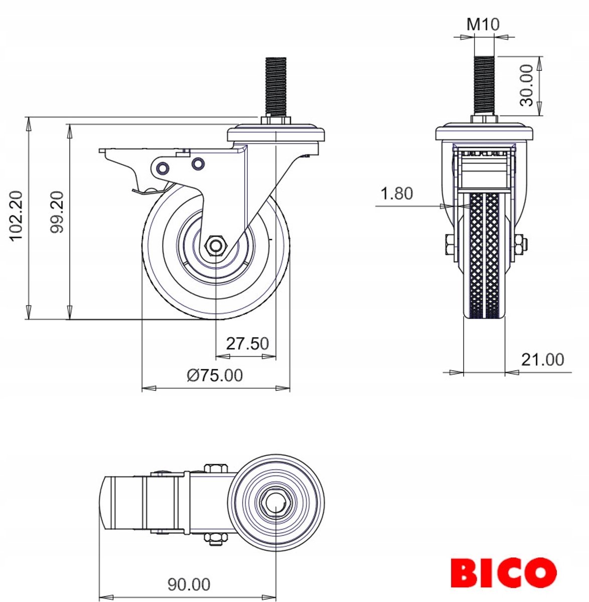 4x Zwenkwielen 75mm met Schroefdraad & Rem - Max 200kg