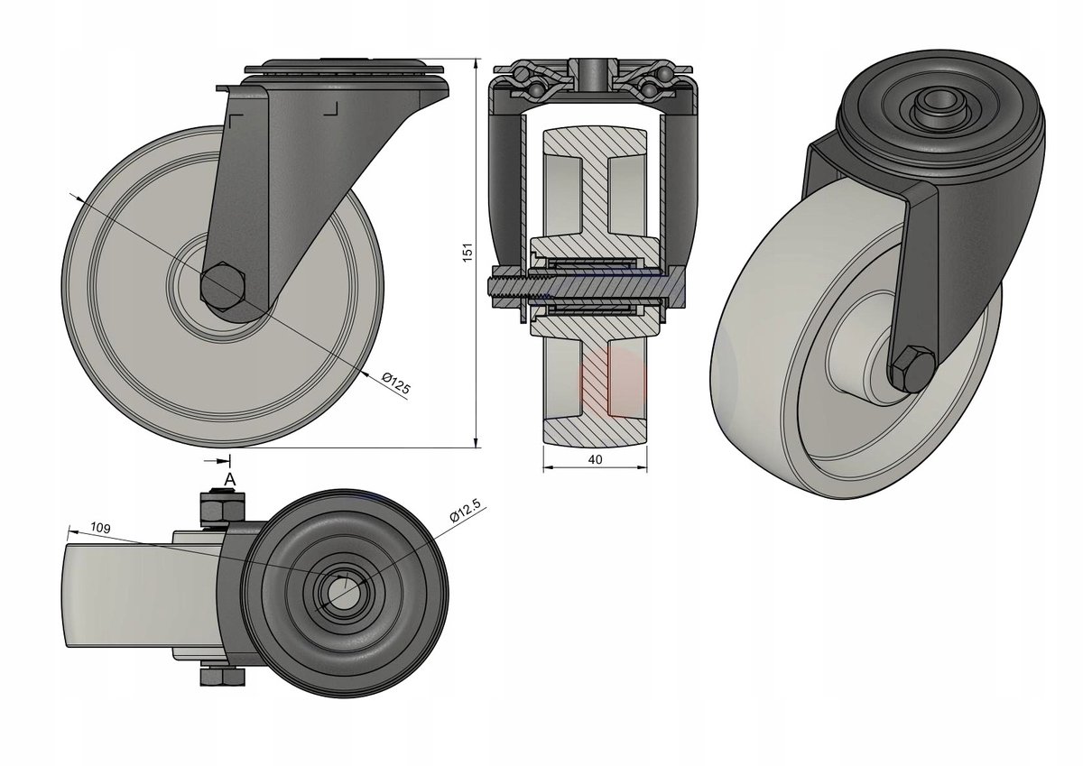 Zwenkwiel Polyamide 125mm, 100kg Draagvermogen