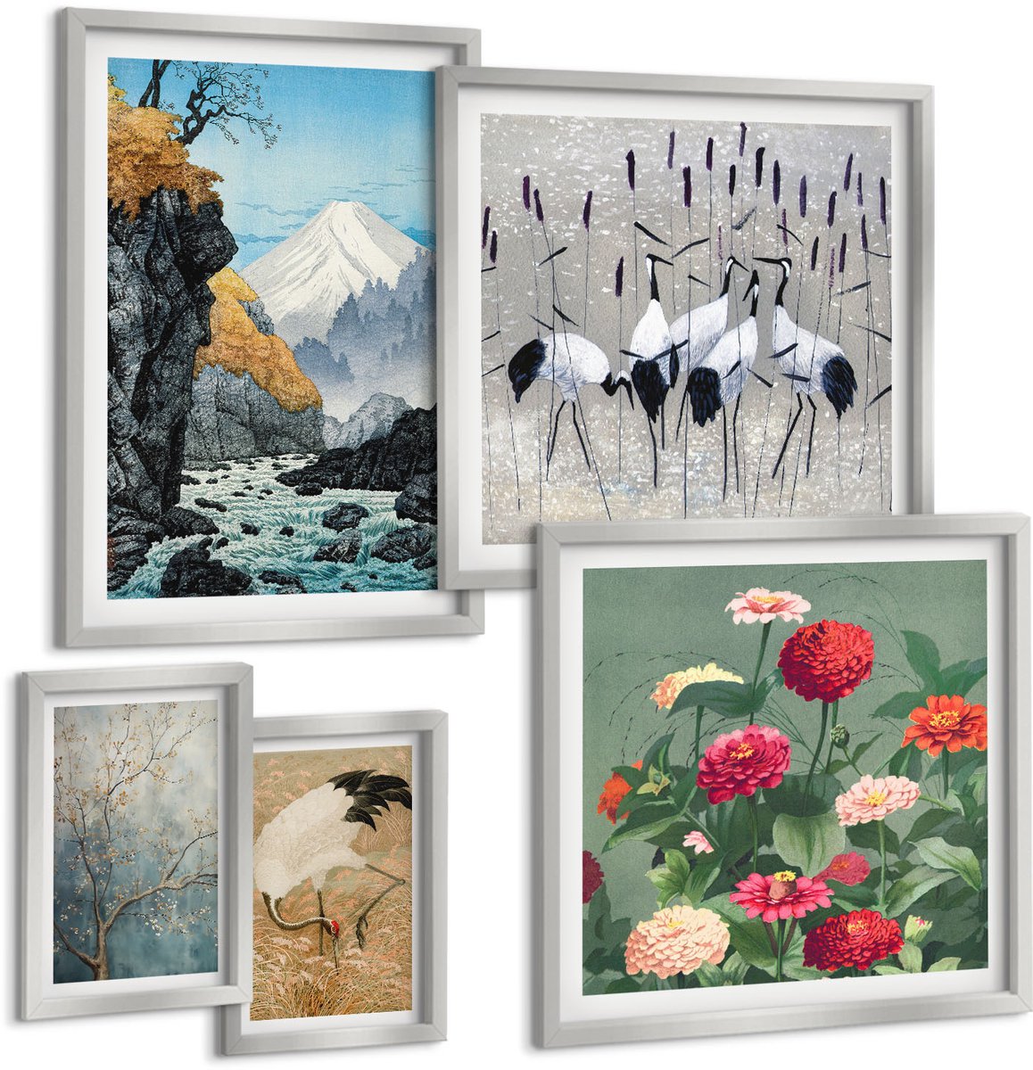 TULUP 4-Delige Schilderij Set - Natuurlandschappen met bloemen en vogels in Japanse stijl - 50 x 50 cm, 20 x 30 cm en 40 x 60 cm - Moderne Wanddecoratie - Slaapkamer - Stijlvolle Muurdecoratie Zilveren lijst