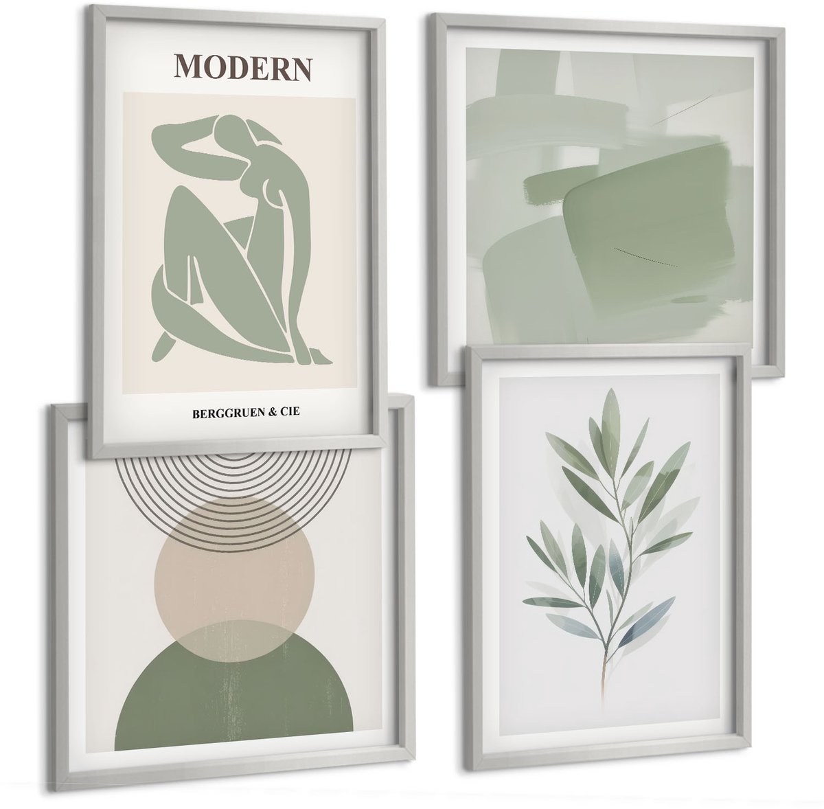 TULUP 4-Delige Schilderij Set - Stijlvolle afbeeldingen met abstracte vormen en planten. - 40 x 40 cm en 40 x 60 cm - Moderne Wanddecoratie - Woonkamer Zilveren lijst