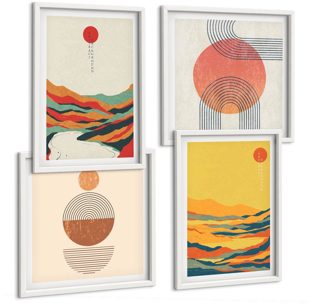 Tulup 4-Delige Schilderij Set - Kleurrijke patronen van bergen en rivieren in Japandi-stijl - 40x40 en 40x60 - Schilderijen Set - Wanddecoratie - Woonkamer - Muurdecoratie