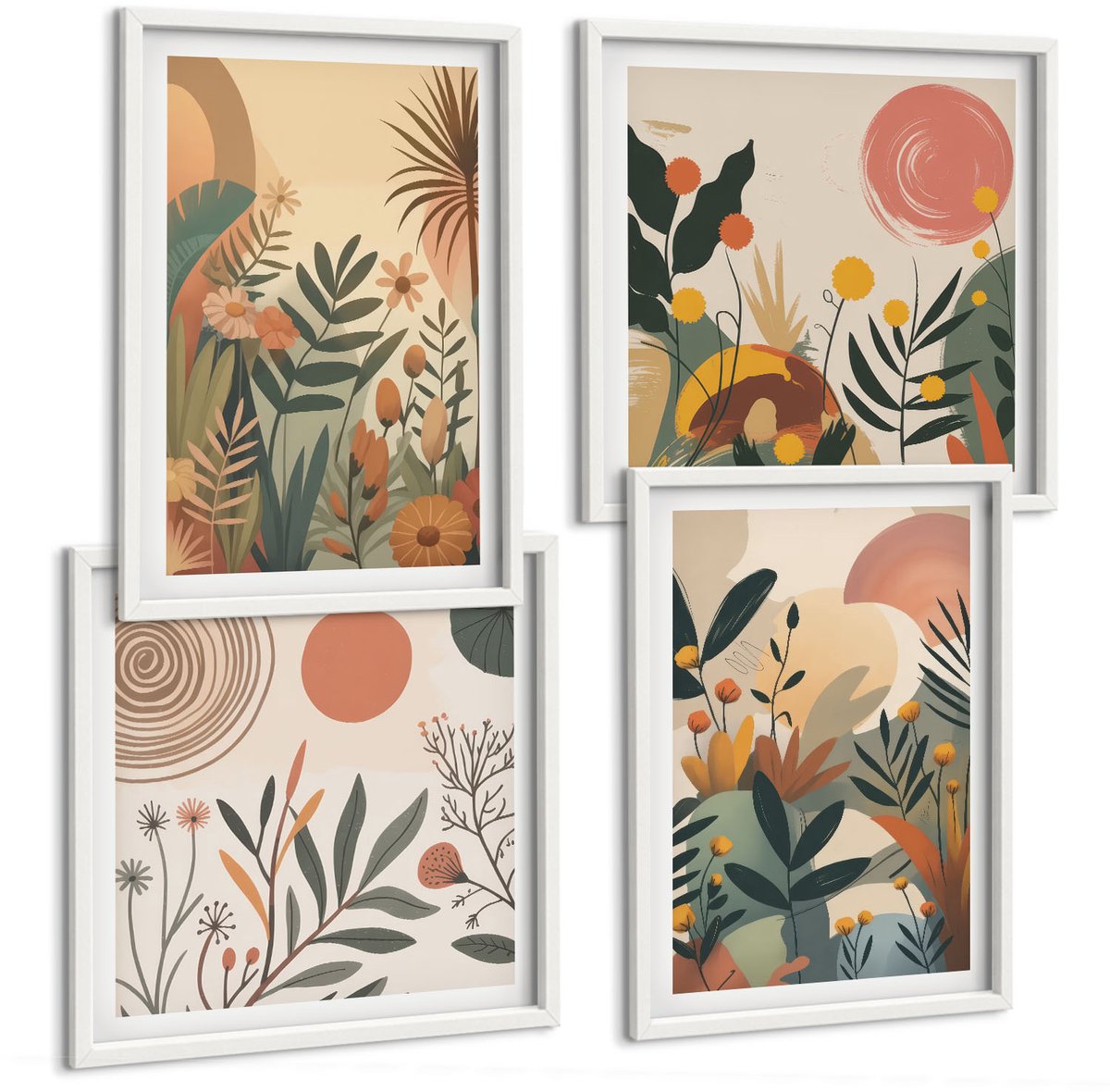 Tulup 4-Delige Schilderij Set - Plantmotieven in gedempte kleuren met cirkels. - 40x40 en 40x60 - Wanddecoratie - Muurdecoratie - Woonkamer