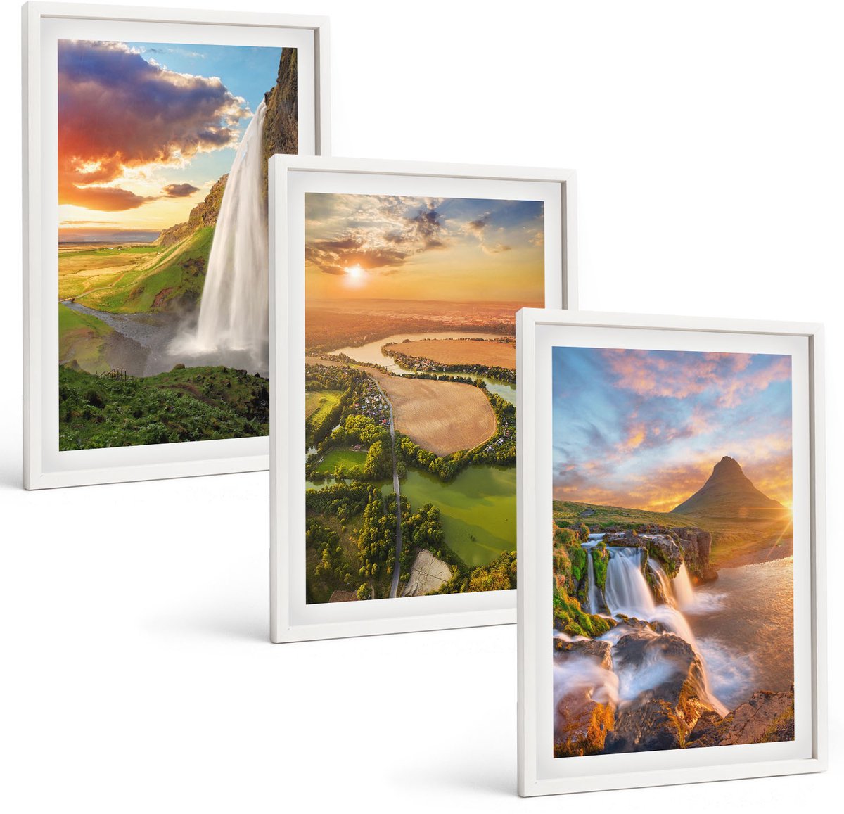Tulup 3-Delige Schilderij Set - Watervallen, berglandschappen en rivieren bij zonsondergang - 40x60 - Wanddecoratie - Schilderijen Set - Kantoor - Woonkamer Decoratie