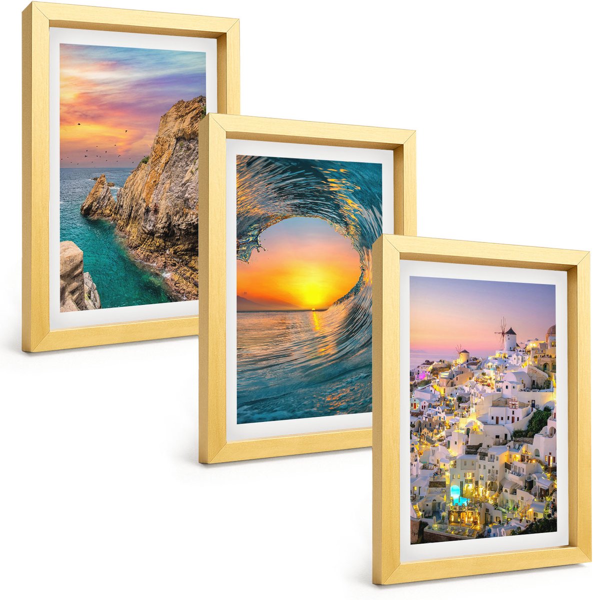 TULUP 4-Delige Schilderij Set - Uitzicht op de zee, de golven en de witte huizen op Santorini, Griekenland - 20 x 30 cm - Moderne Wanddecoratie - Woonkamer Gouden lijst
