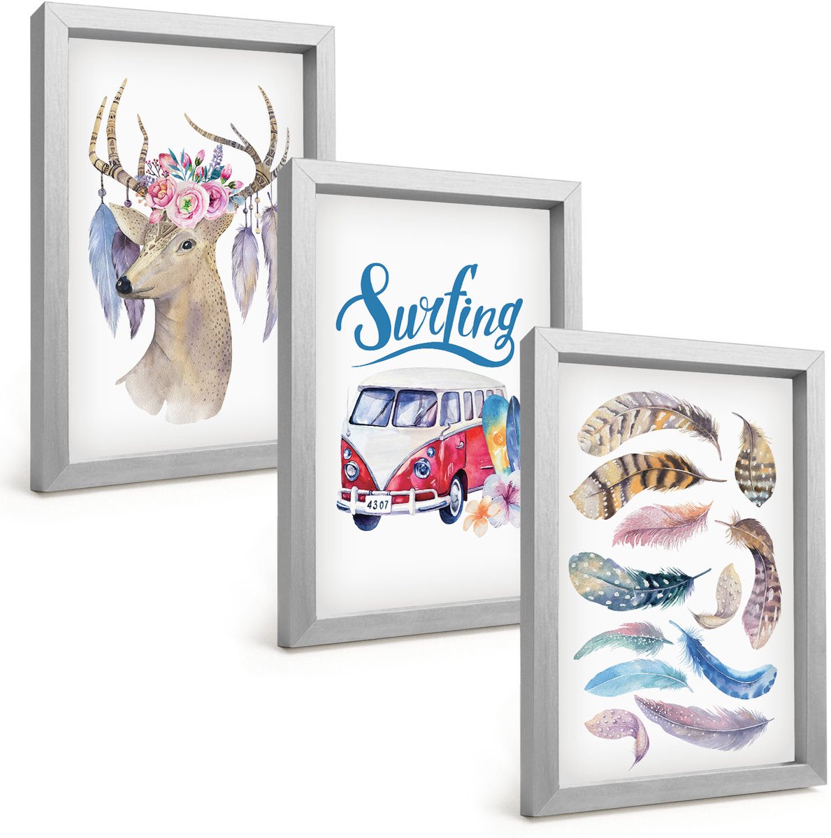 Tulup 4-Delige Schilderij Set - Hert met gewei, bloemen en veren, vakantiebusje - 20 x 30 cm - Muurdecoratie - Schilderijen Set - Woonkamer - Woonkamer Decoratie